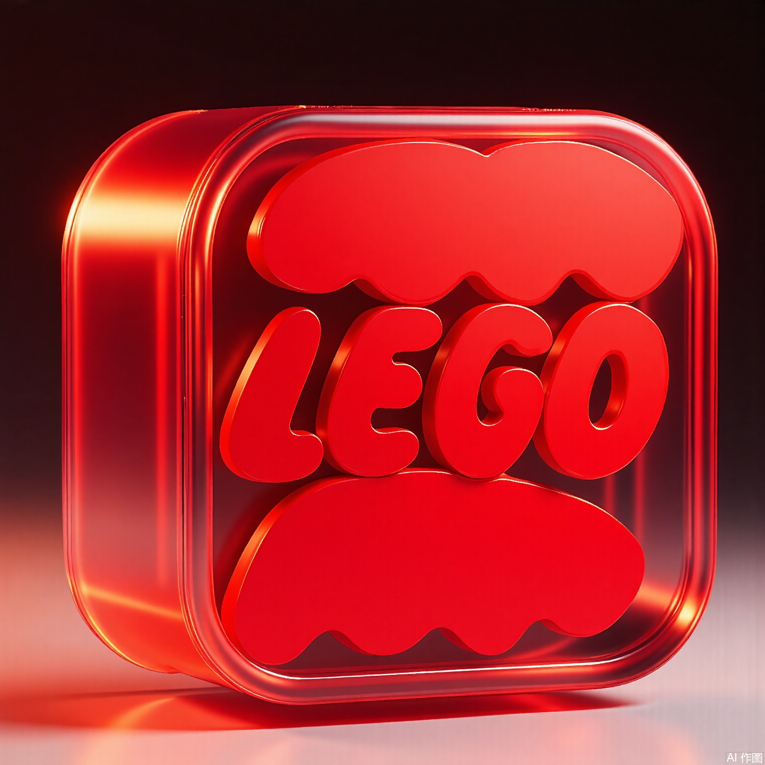 BTM, A 3D-rendered logo of LEGO, featuring stacked brick elements in translucent candy-apple red plastic, frozen mid-construction with fingerprint textures on surfaces. The background simulates studio lighting with softbox reflections.