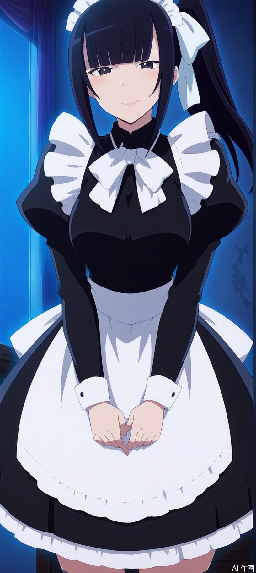 pov，(8k)，HD，(masterpiece），(highly detailed)，Full-body shot,gg，1girl, solo, long hair, breasts, looking at viewer, smile, bangs, skirt, shirt, black hair, long sleeves, dress, bow, ribbon, closed mouth, standing, ponytail, sidelocks, frills, puffy sleeves, indoors, blunt bangs, bowtie, black eyes, apron, black dress, shiny hair, side ponytail, maid, maid headdress, black shirt, white bow, juliet sleeves, white apron, white ribbon, maid apron