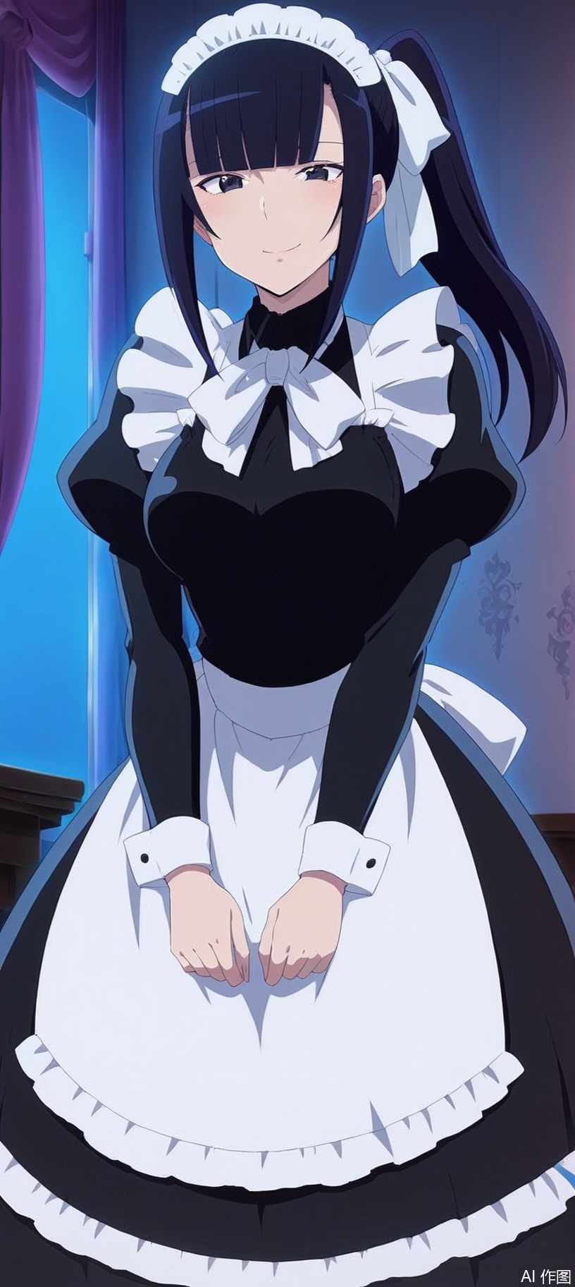 pov，(8k)，HD，(masterpiece），(highly detailed)，Full-body shot,gg，1girl, solo, long hair, breasts, looking at viewer, smile, bangs, skirt, shirt, black hair, long sleeves, dress, bow, ribbon, closed mouth, standing, ponytail, sidelocks, frills, puffy sleeves, indoors, blunt bangs, bowtie, black eyes, apron, black dress, shiny hair, side ponytail, maid, maid headdress, black shirt, white bow, juliet sleeves, white apron, white ribbon, maid apron