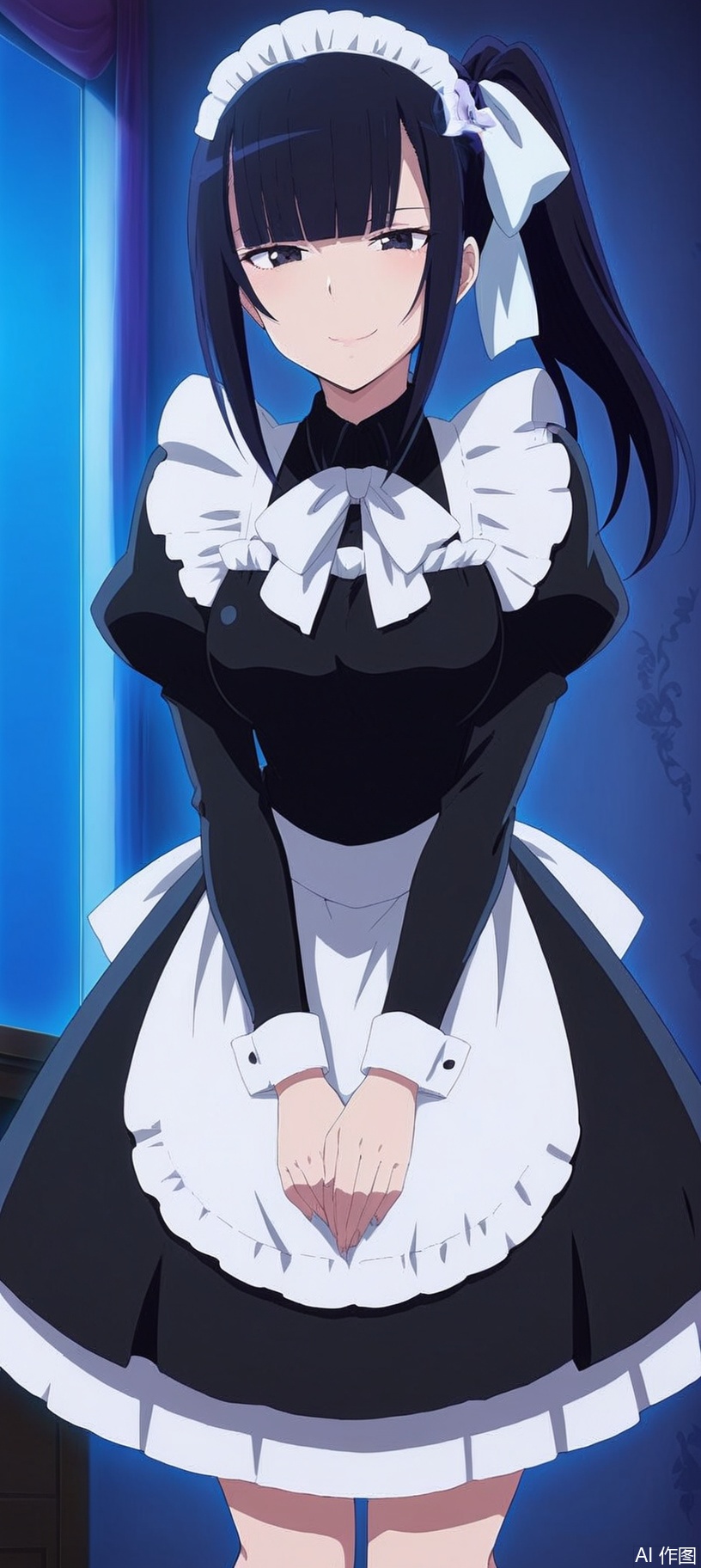 pov，(8k)，HD，(masterpiece），(highly detailed)，Full-body shot,gg，1girl, solo, long hair, breasts, looking at viewer, smile, bangs, skirt, shirt, black hair, long sleeves, dress, bow, ribbon, closed mouth, standing, ponytail, sidelocks, frills, puffy sleeves, indoors, blunt bangs, bowtie, black eyes, apron, black dress, shiny hair, side ponytail, maid, maid headdress, black shirt, white bow, juliet sleeves, white apron, white ribbon, maid apron
