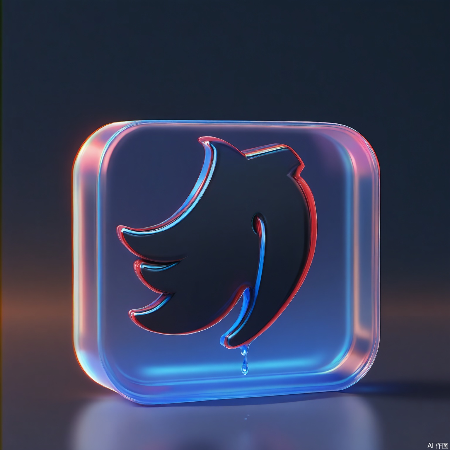 BTM, A 3D-rendered logo of Nike, with a swoosh symbol crafted from liquid mercury trapped in clear resin, dripping slowly over a matte black obsidian surface. Chromatic aberration highlights create kinetic energy in the static form.
