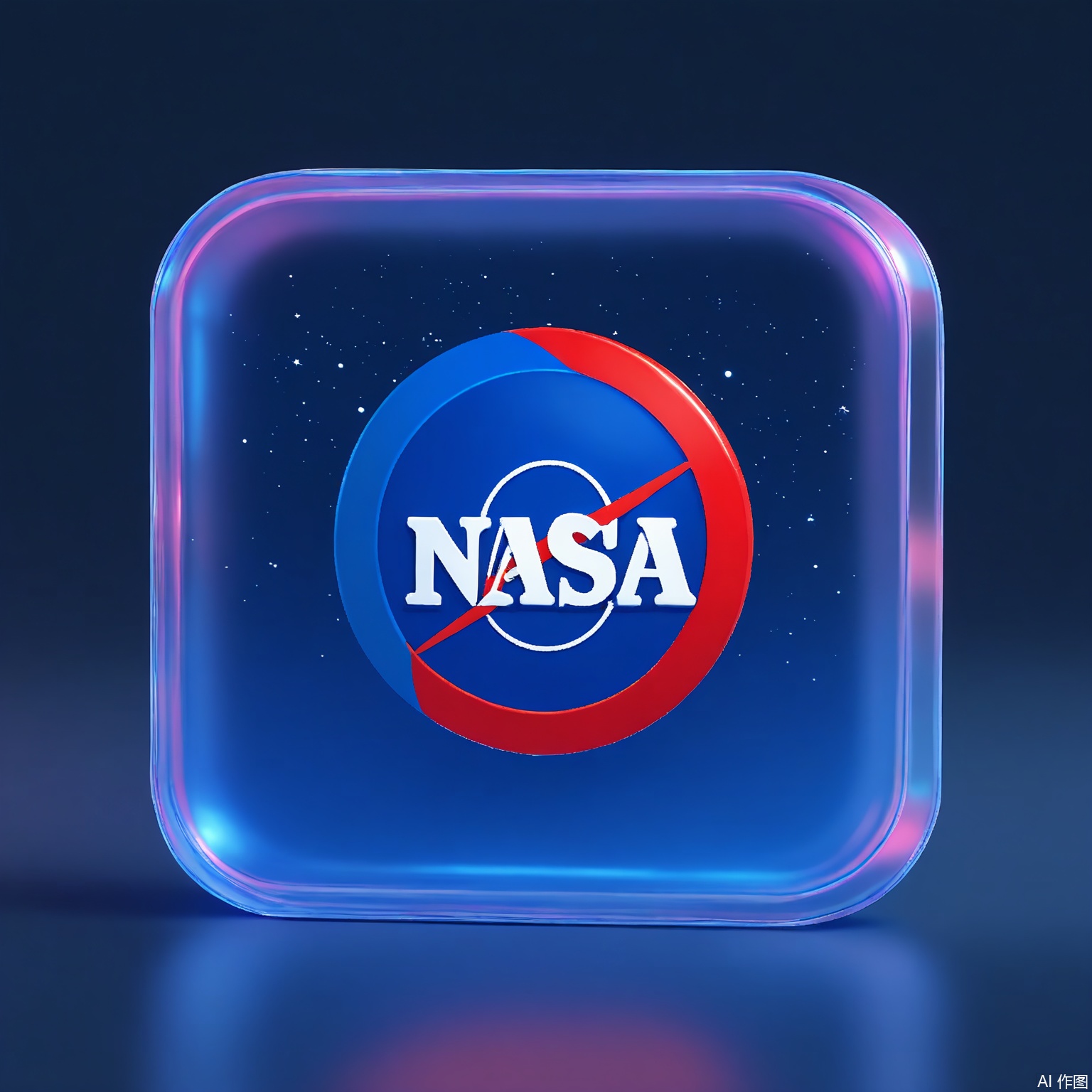BTM, A 3D-rendered logo of NASA, with the iconic meatball insignia rendered in translucent space-grade polycarbonate, featuring embedded star constellations and orbital paths. The deep void background includes subtle Milky Way glow.

