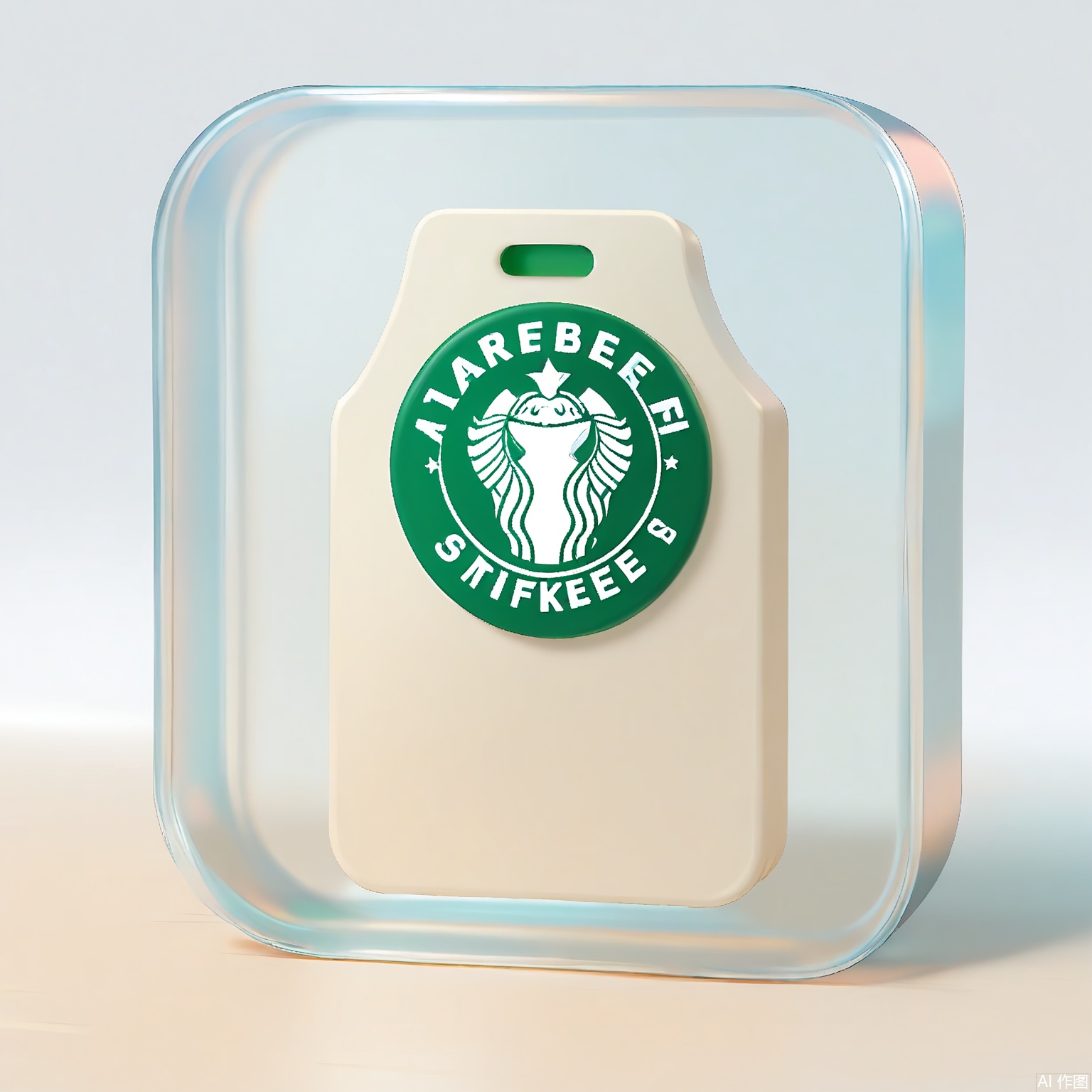 BTM, A 3D-rendered logo of Starbucks, featuring a translucent emerald-green siren emblem with coffee bean details visible through glass-like material. Condensation droplets trickle down the surface onto a frosted milk-white background.
