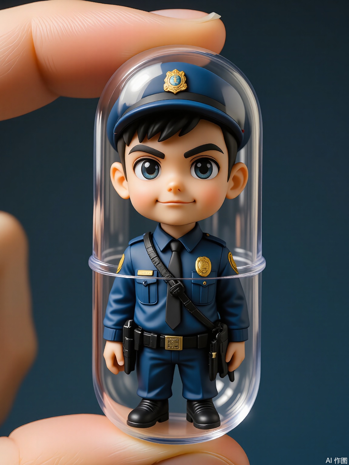 SBJN, Photo of a small figurine of a police officer with a blue uniform and a badge, wearing a small gun. The figurine is held in a clear glass capsule by a hand, with a dark blue background. The police officer has a serious expression, with narrowed eyes and a determined gaze. The lighting is soft and even, highlighting the details of the figurine. The style is realistic, with a focus on the details and textures of the figurine and the glass capsule.