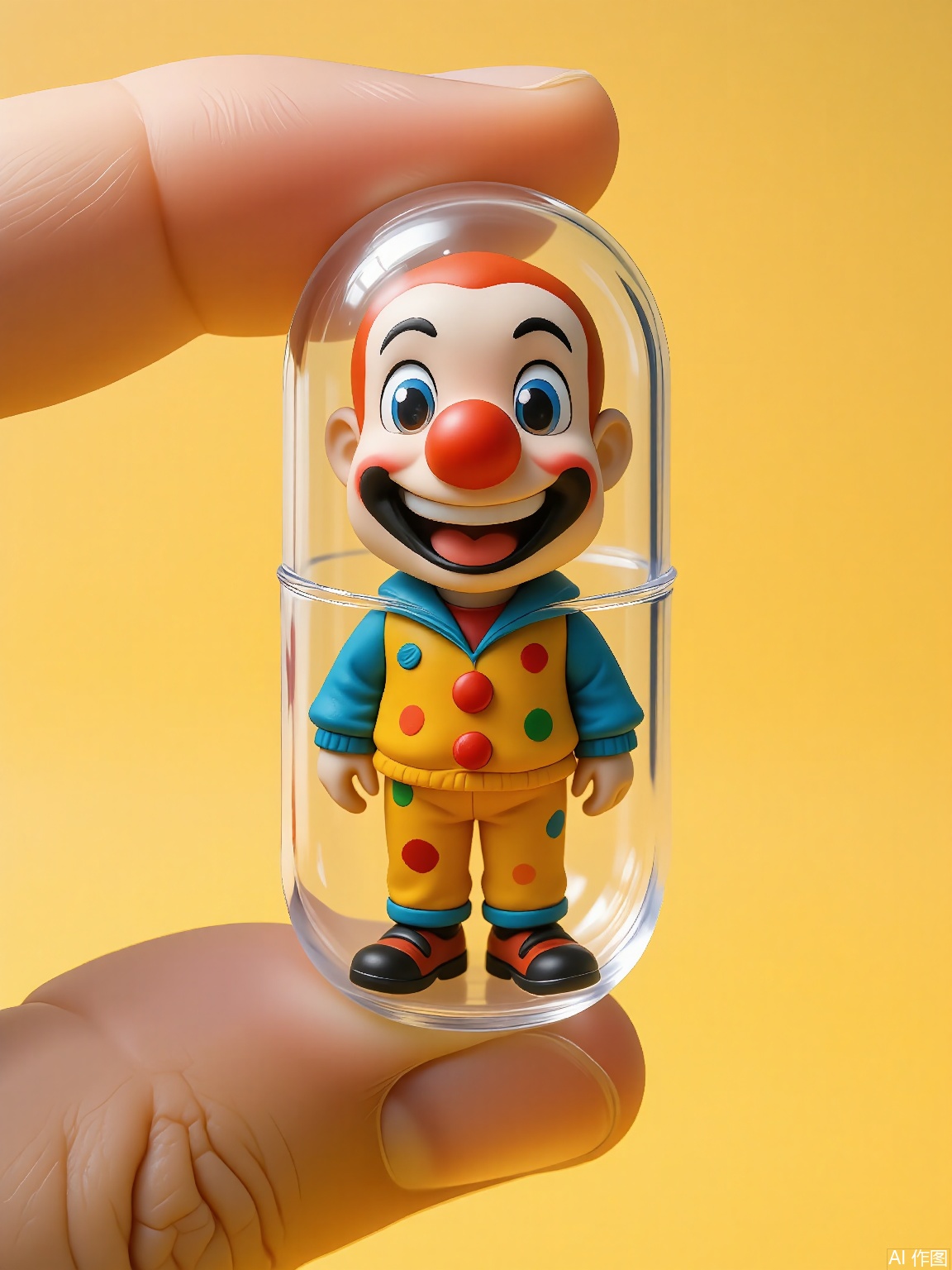 SBJN, Photo of a small figurine of a clown with a red nose and a big smile, wearing a colorful outfit. The figurine is held in a clear glass capsule by a hand, with a light yellow background. The clown has a cheerful expression, with large sparkling eyes and a wide grin. The lighting is soft and even, highlighting the details of the figurine. The style is realistic, with a focus on the details and textures of the figurine and the glass capsule.
