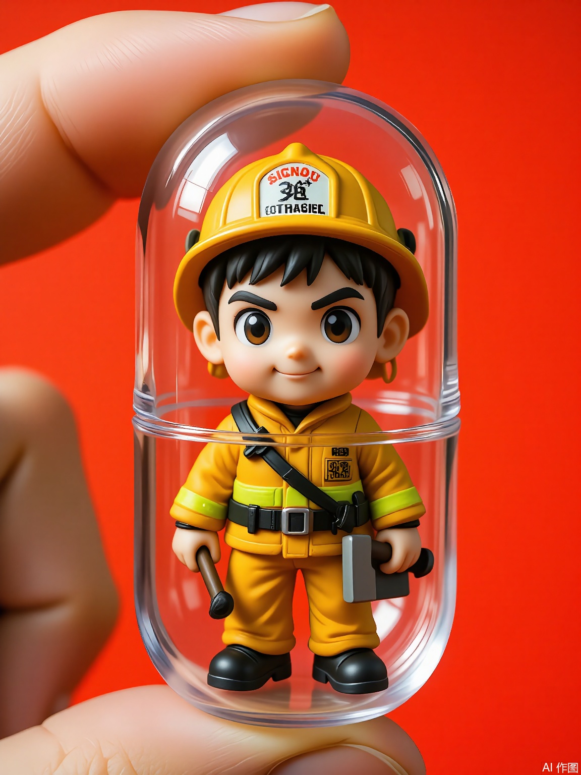 SBJN, Photo of a small figurine of a firefighter with a yellow suit and a helmet, wearing a small axe. The figurine is held in a clear glass capsule by a hand, with a bright red background. The firefighter has a brave expression, with a square jaw and a determined gaze. The lighting is soft and even, highlighting the details of the figurine. The style is realistic, with a focus on the details and textures of the figurine and the glass capsule.