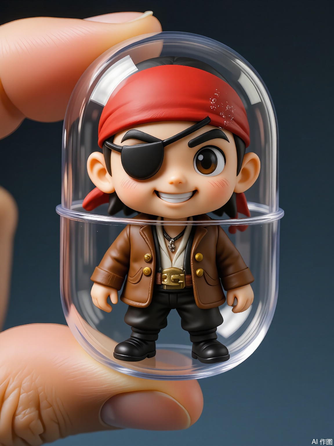SBJN, Photo of a small figurine of a pirate with a black eyepatch and a red bandana, wearing a brown leather jacket. The figurine is held in a clear glass capsule by a hand, with a navy blue background. The pirate has a mischievous expression, with a grin and a twinkle in his eye. The lighting is soft and even, highlighting the details of the figurine. The style is realistic, with a focus on the details and textures of the figurine and the glass capsule.
