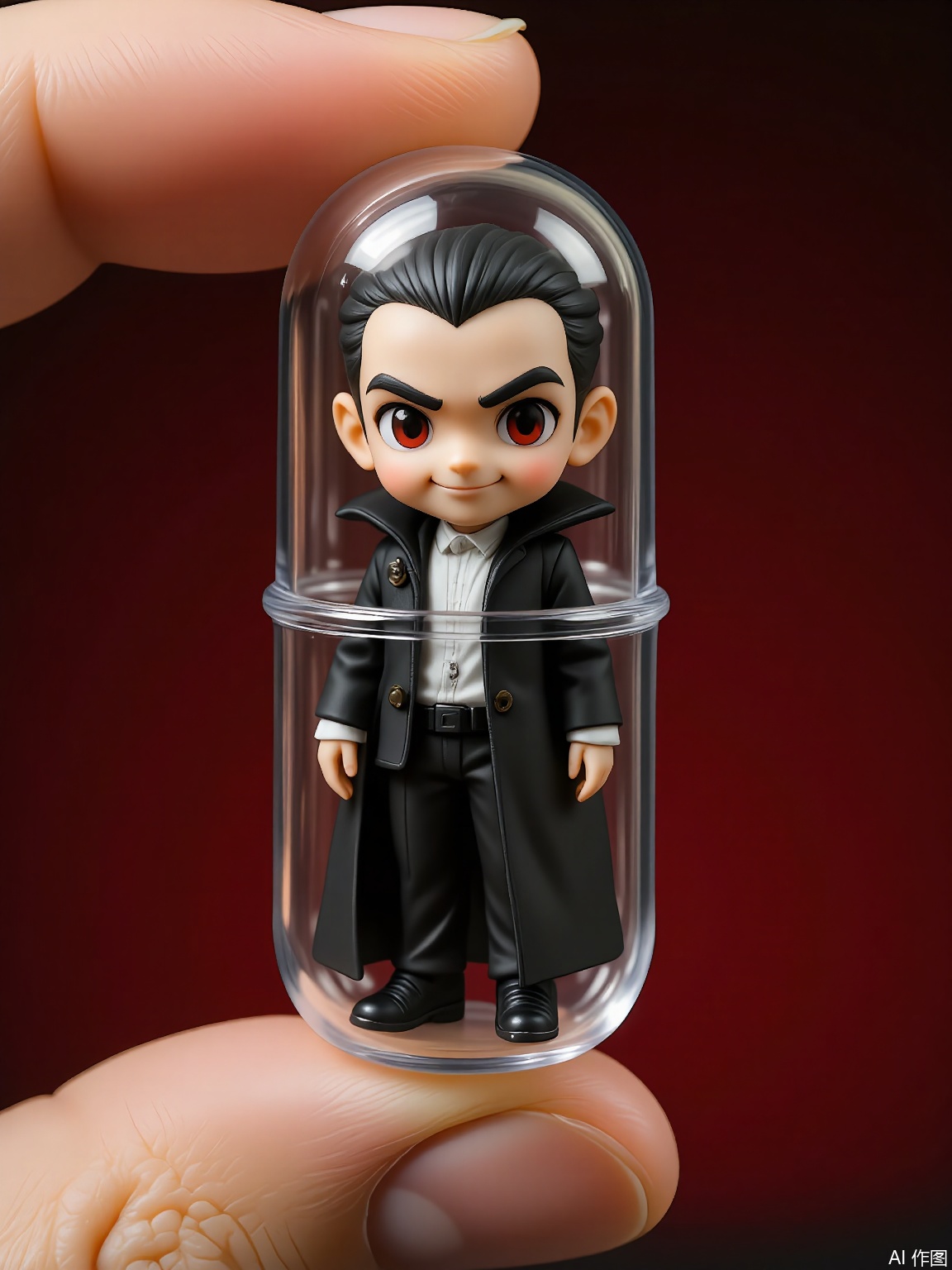SBJN, Photo of a small figurine of a vampire with pale skin and red eyes, wearing a black cloak. The figurine is held in a clear glass capsule by a hand, with a dark red background. The vampire has a mysterious expression, with a smirk and a twinkle in his eye. The lighting is soft and even, highlighting the details of the figurine. The style is realistic, with a focus on the details and textures of the figurine and the glass capsule.

