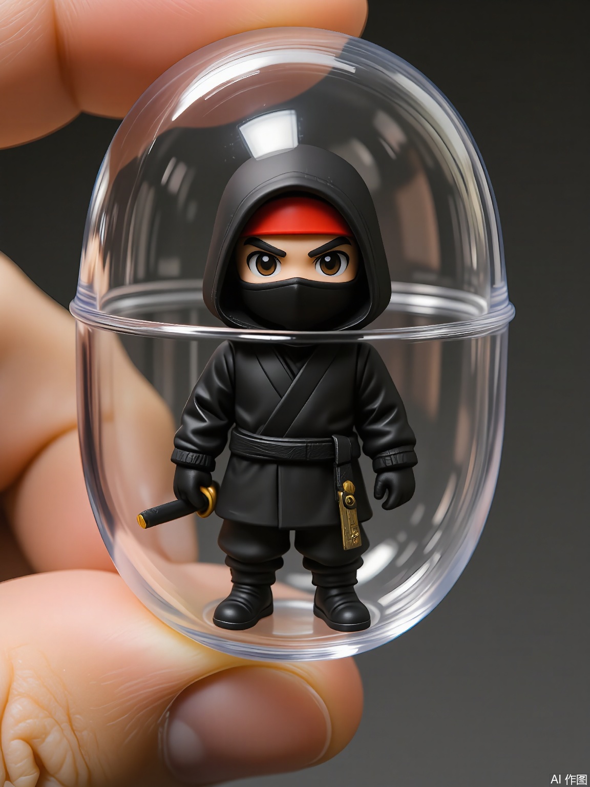 SBJN, Photo of a small figurine of a ninja with a black suit and a red mask, wearing a small sword. The figurine is held in a clear glass capsule by a hand, with a dark gray background. The ninja has a focused expression, with narrowed eyes and a determined gaze. The lighting is soft and even, highlighting the details of the figurine. The style is realistic, with a focus on the details and textures of the figurine and the glass capsule.