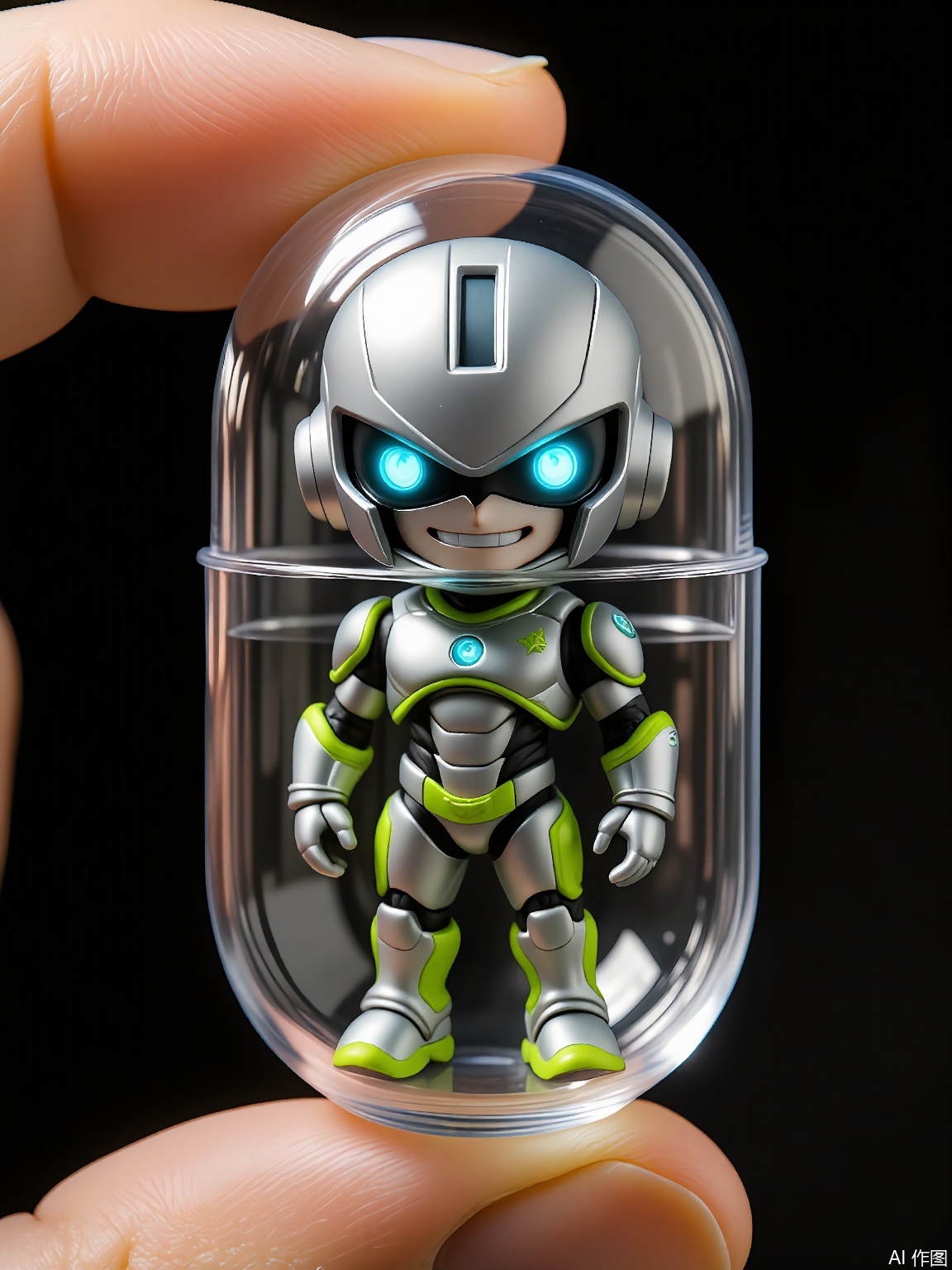 SBJN, Photo of a small figurine of a robot with a metallic body and glowing blue eyes, wearing a futuristic silver suit with neon green accents. The figurine is held in a clear glass capsule by a hand, with a black background. The robot has a determined expression, with a square jaw and a small smile. The lighting is soft and even, highlighting the details of the figurine. The style is realistic, with a focus on the details and textures of the figurine and the glass capsule.

