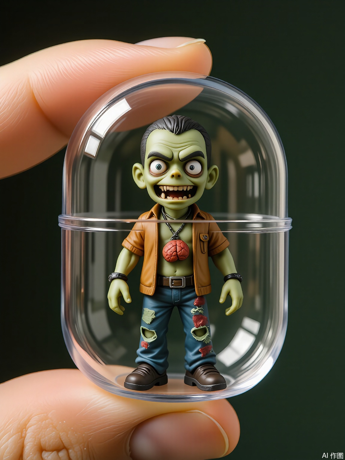 SBJN, Photo of a small figurine of a zombie with green skin and tattered clothes, wearing a small brain. The figurine is held in a clear glass capsule by a hand, with a dark green background. The zombie has a grotesque expression, with bulging eyes and a gaping mouth. The lighting is soft and even, highlighting the details of the figurine. The style is realistic, with a focus on the details and textures of the figurine and the glass capsule.