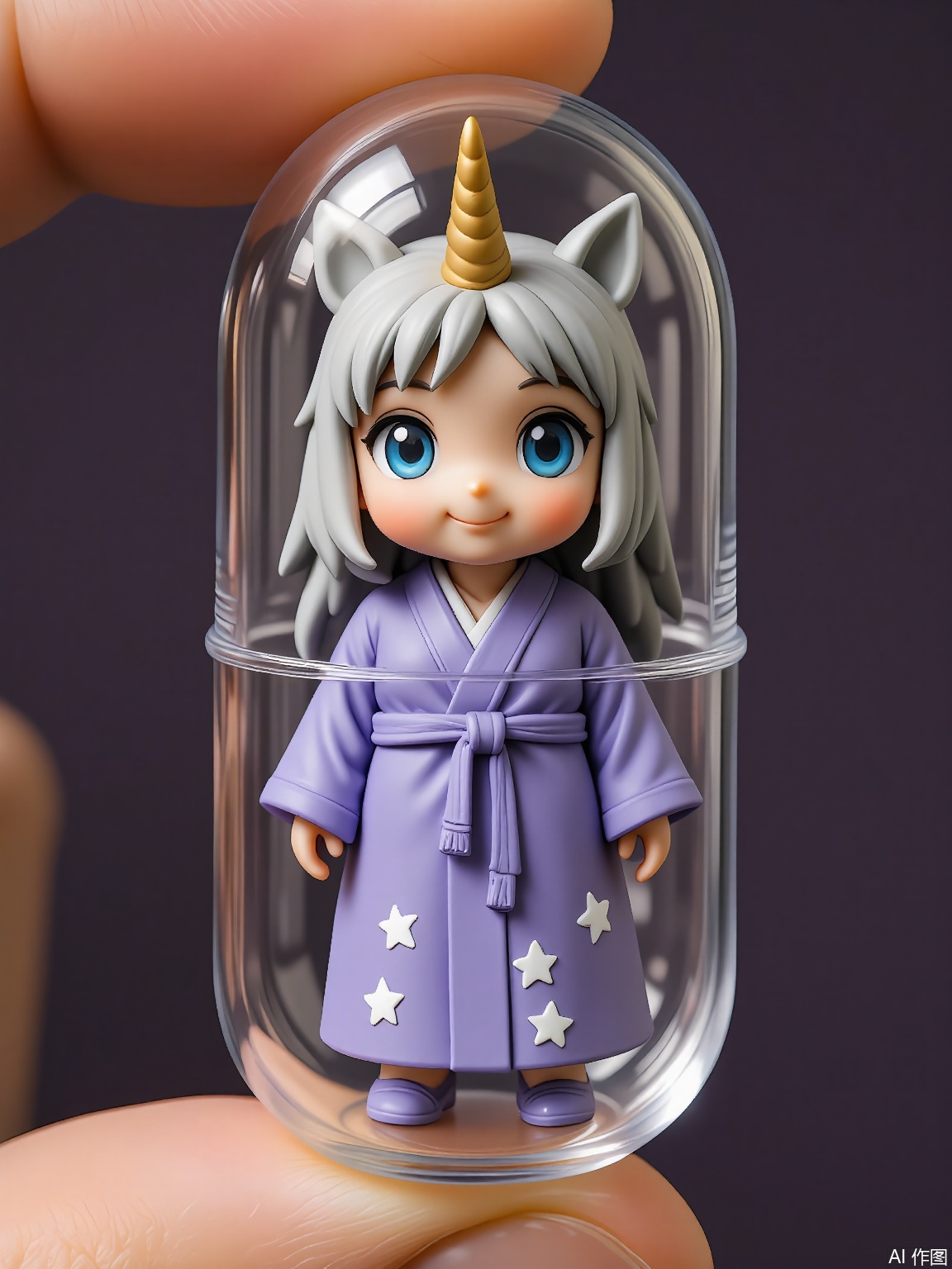 SBJN, Photo of a small figurine of a unicorn with a silver mane and a golden horn, wearing a flowing purple robe with star patterns. The figurine is held in a clear glass capsule by a hand, with a dark purple background. The unicorn has a serene expression, with large blue eyes and a gentle smile. The lighting is soft and even, highlighting the details of the figurine. The style is realistic, with a focus on the details and textures of the figurine and the glass capsule.