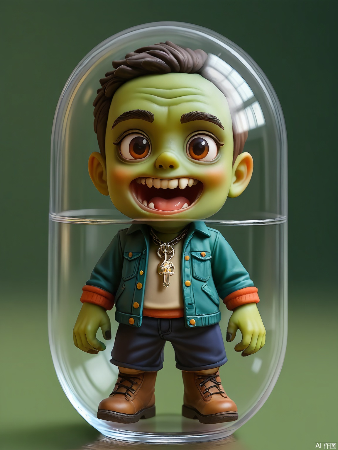 SBJN, Photo of a small figurine of a zombie with green skin and tattered clothes, wearing a small brain. The figurine is held in a clear glass capsule by a hand, with a dark green background. The zombie has a grotesque expression, with bulging eyes and a gaping mouth. The lighting is soft and even, highlighting the details of the figurine. The style is realistic, with a focus on the details and textures of the figurine and the glass capsule.