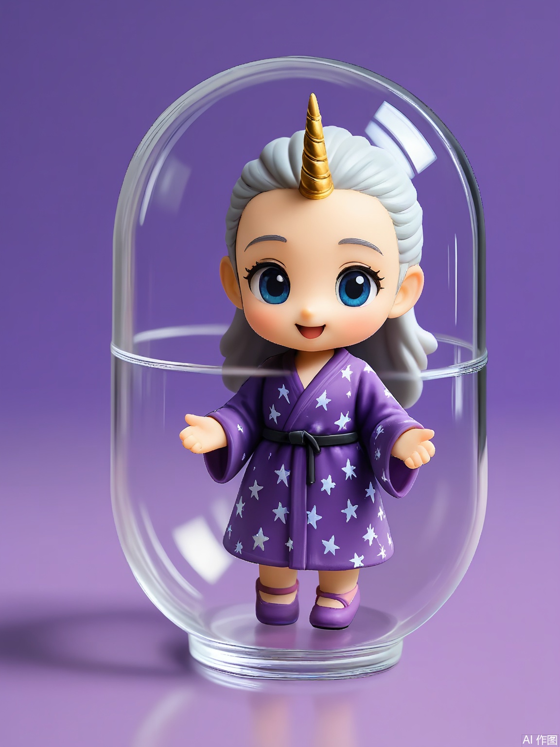 SBJN, Photo of a small figurine of a unicorn with a silver mane and a golden horn, wearing a flowing purple robe with star patterns. The figurine is held in a clear glass capsule by a hand, with a dark purple background. The unicorn has a serene expression, with large blue eyes and a gentle smile. The lighting is soft and even, highlighting the details of the figurine. The style is realistic, with a focus on the details and textures of the figurine and the glass capsule.