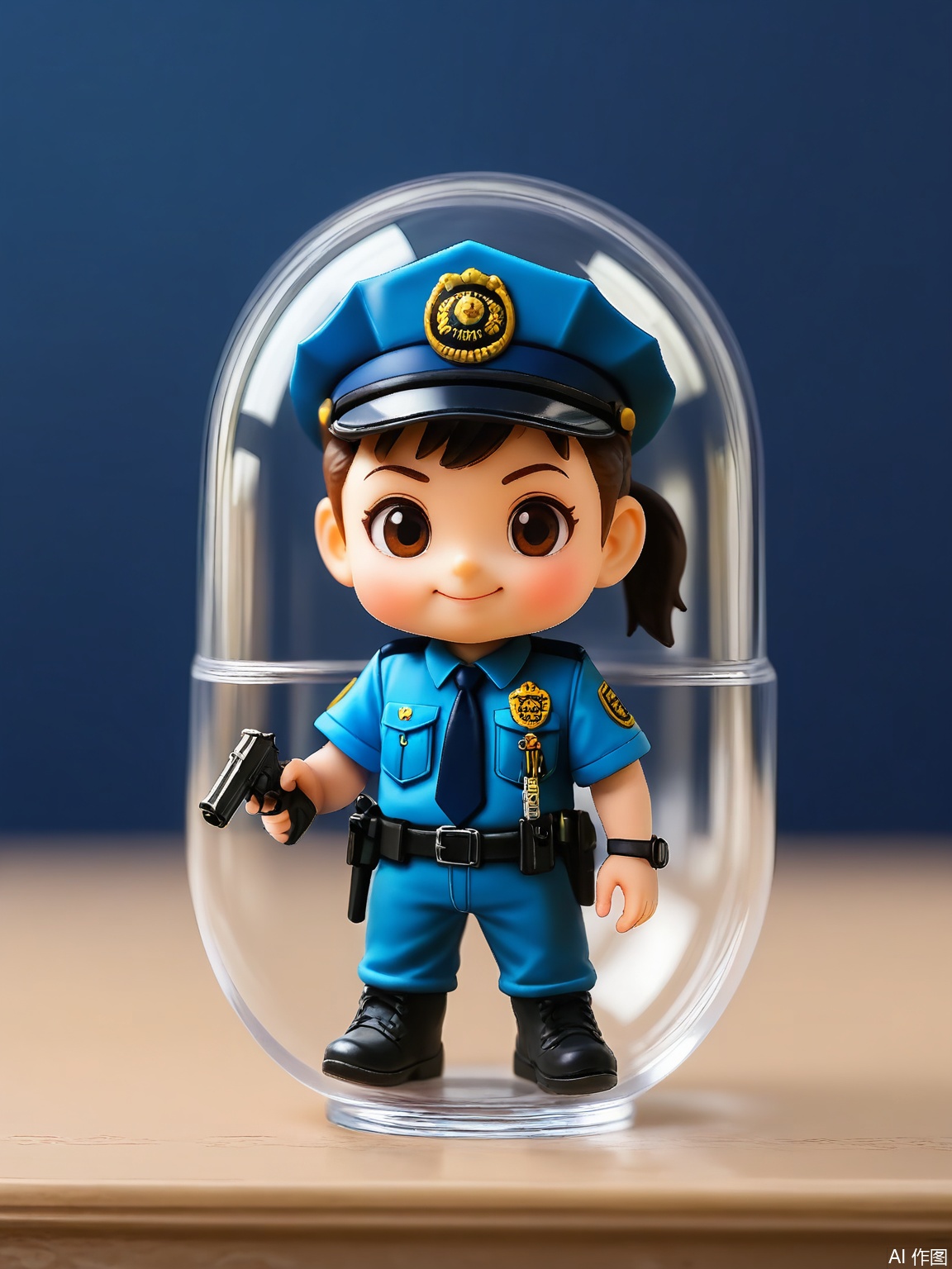 SBJN, Photo of a small figurine of a police officer with a blue uniform and a badge, wearing a small gun. The figurine is held in a clear glass capsule by a hand, with a dark blue background. The police officer has a serious expression, with narrowed eyes and a determined gaze. The lighting is soft and even, highlighting the details of the figurine. The style is realistic, with a focus on the details and textures of the figurine and the glass capsule.