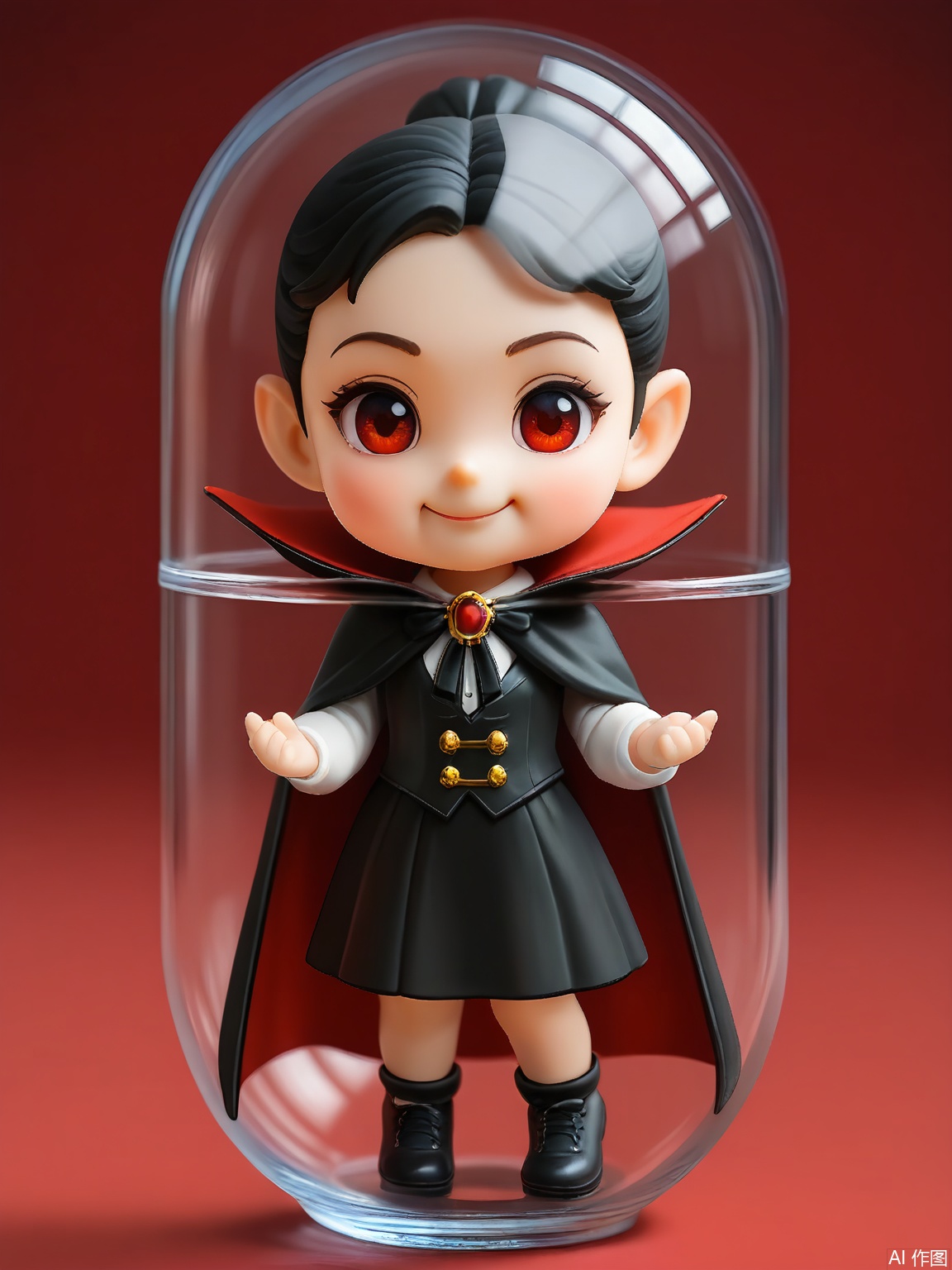 SBJN, Photo of a small figurine of a vampire with pale skin and red eyes, wearing a black cloak. The figurine is held in a clear glass capsule by a hand, with a dark red background. The vampire has a mysterious expression, with a smirk and a twinkle in his eye. The lighting is soft and even, highlighting the details of the figurine. The style is realistic, with a focus on the details and textures of the figurine and the glass capsule.