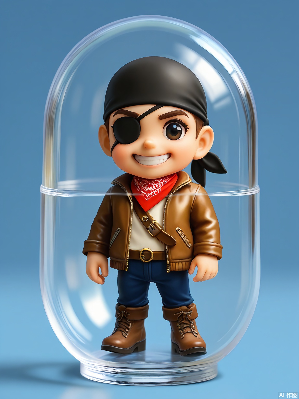 SBJN, Photo of a small figurine of a pirate with a black eyepatch and a red bandana, wearing a brown leather jacket. The figurine is held in a clear glass capsule by a hand, with a navy blue background. The pirate has a mischievous expression, with a grin and a twinkle in his eye. The lighting is soft and even, highlighting the details of the figurine. The style is realistic, with a focus on the details and textures of the figurine and the glass capsule.