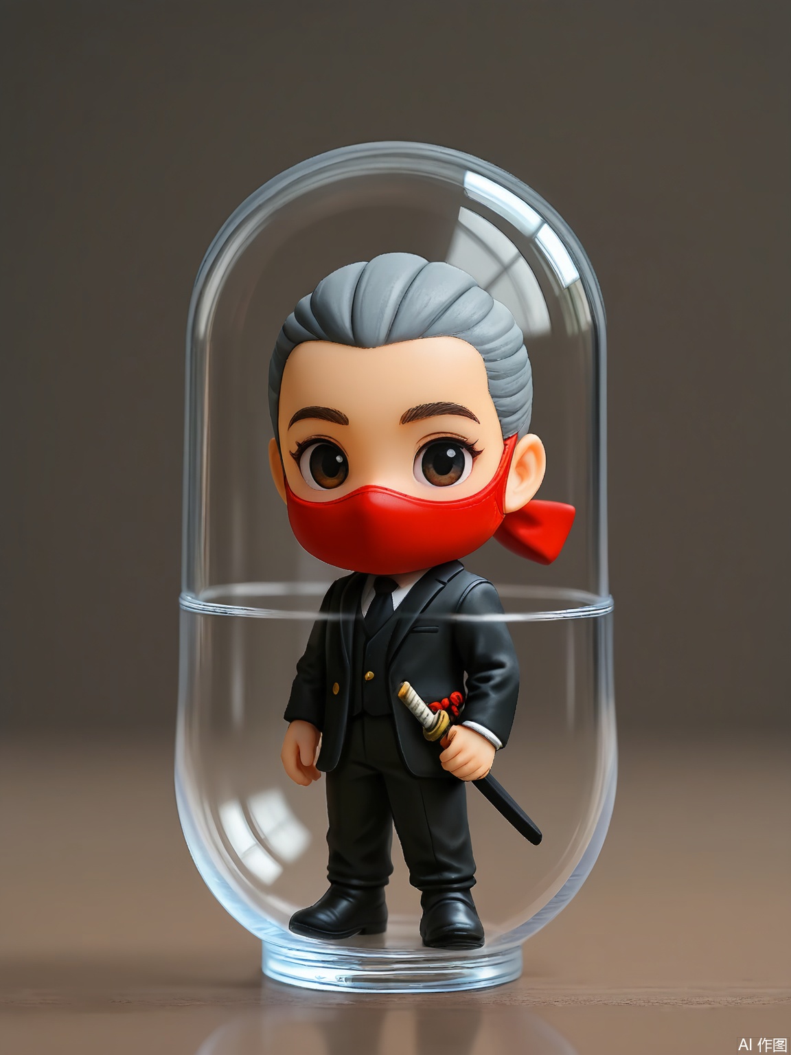 SBJN, Photo of a small figurine of a ninja with a black suit and a red mask, wearing a small sword. The figurine is held in a clear glass capsule by a hand, with a dark gray background. The ninja has a focused expression, with narrowed eyes and a determined gaze. The lighting is soft and even, highlighting the details of the figurine. The style is realistic, with a focus on the details and textures of the figurine and the glass capsule.