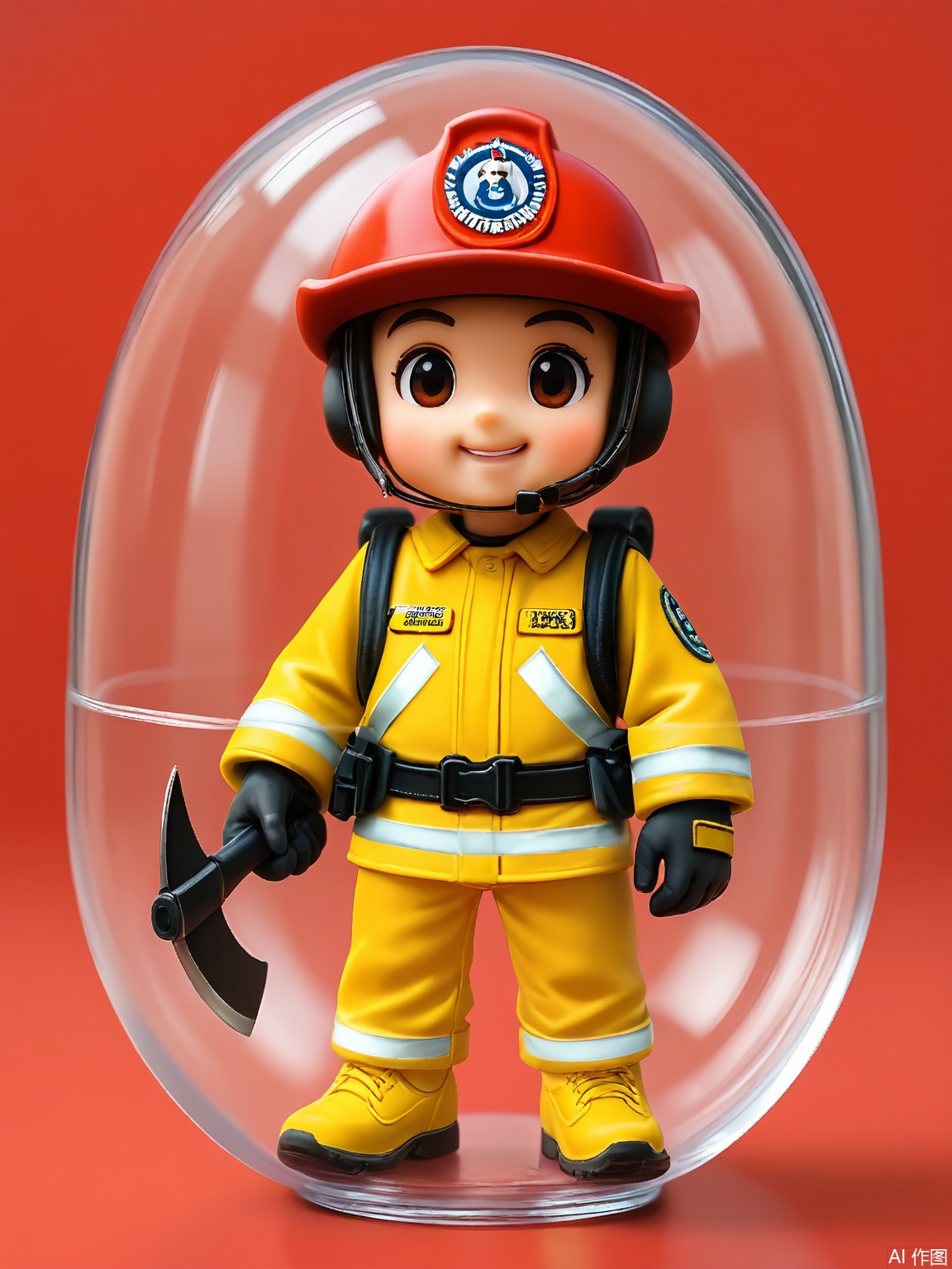 SBJN, Photo of a small figurine of a firefighter with a yellow suit and a helmet, wearing a small axe. The figurine is held in a clear glass capsule by a hand, with a bright red background. The firefighter has a brave expression, with a square jaw and a determined gaze. The lighting is soft and even, highlighting the details of the figurine. The style is realistic, with a focus on the details and textures of the figurine and the glass capsule.