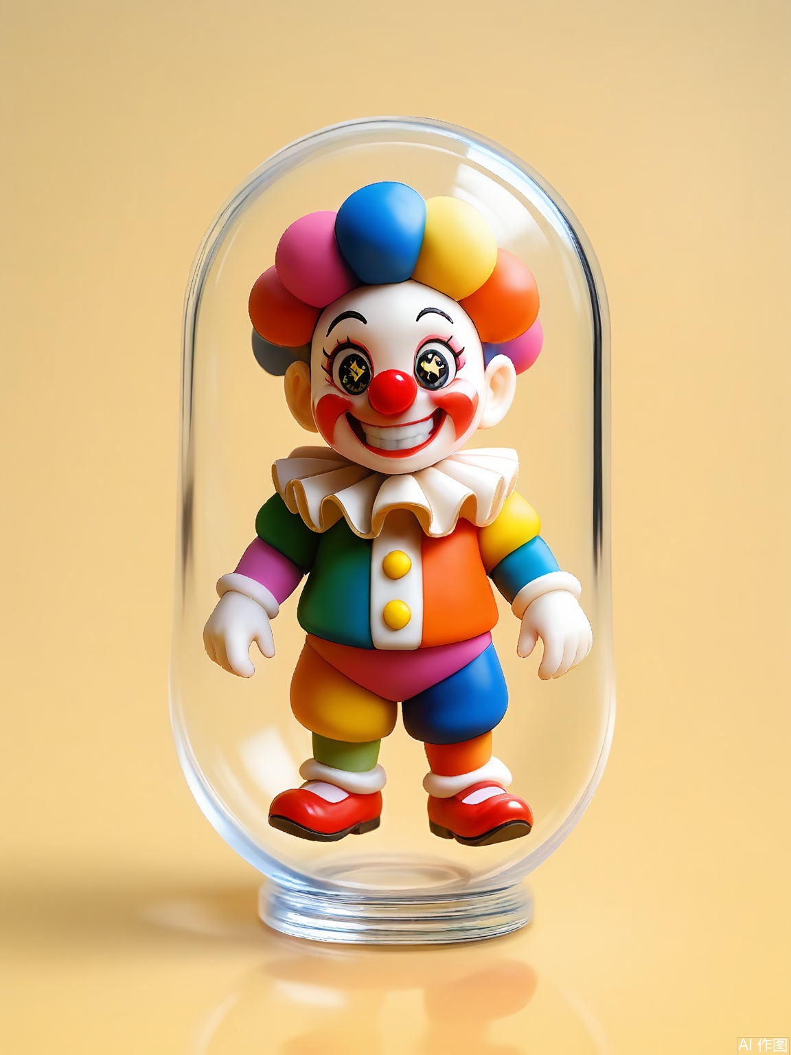 SBJN, Photo of a small figurine of a clown with a red nose and a big smile, wearing a colorful outfit. The figurine is held in a clear glass capsule by a hand, with a light yellow background. The clown has a cheerful expression, with large sparkling eyes and a wide grin. The lighting is soft and even, highlighting the details of the figurine. The style is realistic, with a focus on the details and textures of the figurine and the glass capsule.