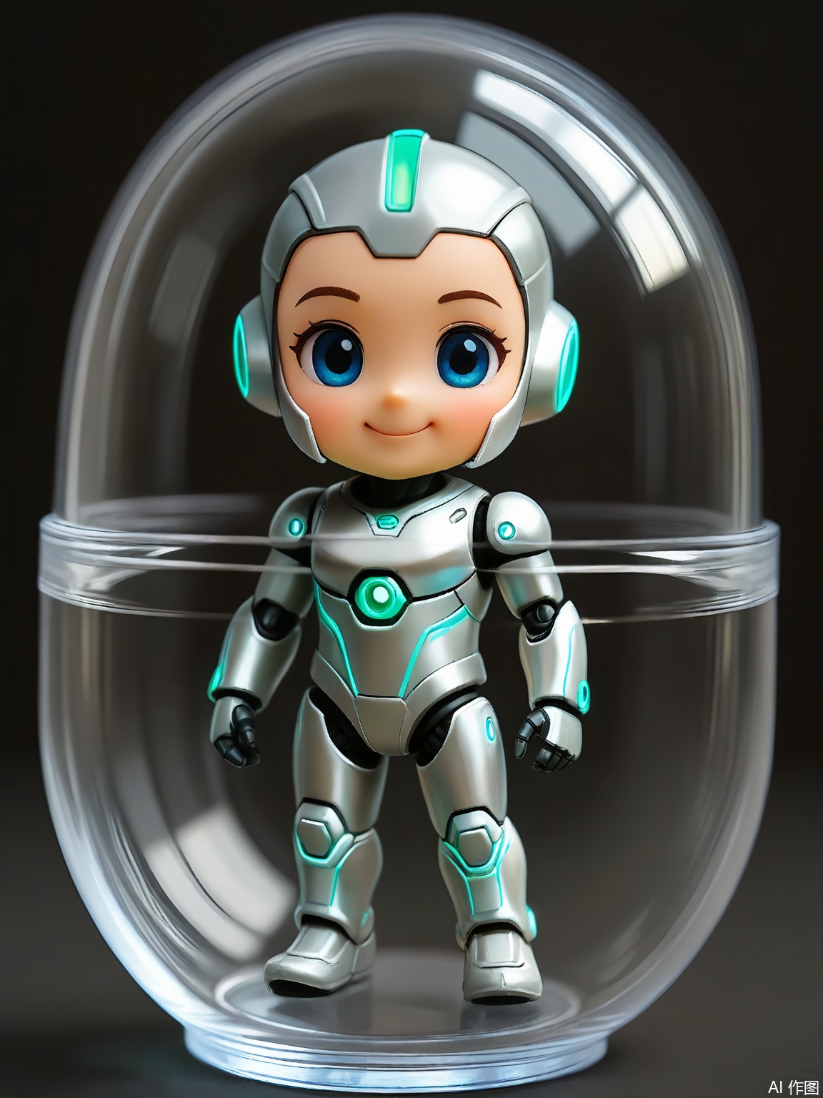 SBJN, Photo of a small figurine of a robot with a metallic body and glowing blue eyes, wearing a futuristic silver suit with neon green accents. The figurine is held in a clear glass capsule by a hand, with a black background. The robot has a determined expression, with a square jaw and a small smile. The lighting is soft and even, highlighting the details of the figurine. The style is realistic, with a focus on the details and textures of the figurine and the glass capsule.