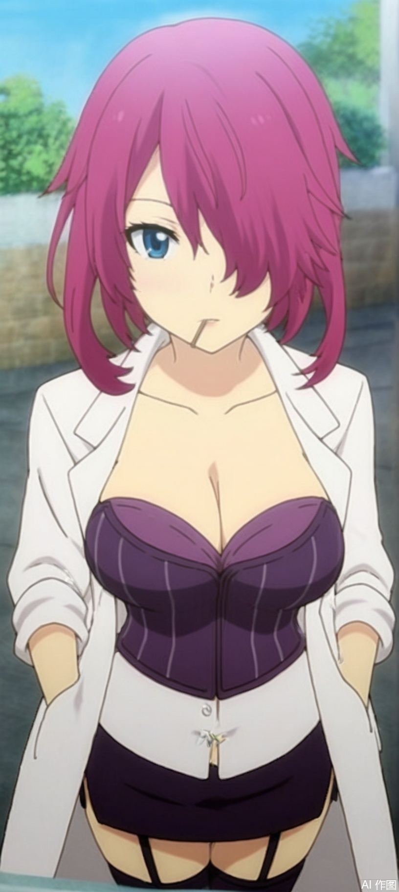 (8k),HD,(masterpiece）,Full-body shot, looking at viewer, indoors, high angle shot，medium shot，1girl, solo, breasts, looking at viewer, short hair, blue eyes, skirt, large breasts, thighhighs, cleavage, collarbone, purple hair, outdoors, day, miniskirt, hair over one eye, garter straps, mouth hold, hands in pockets, labcoat