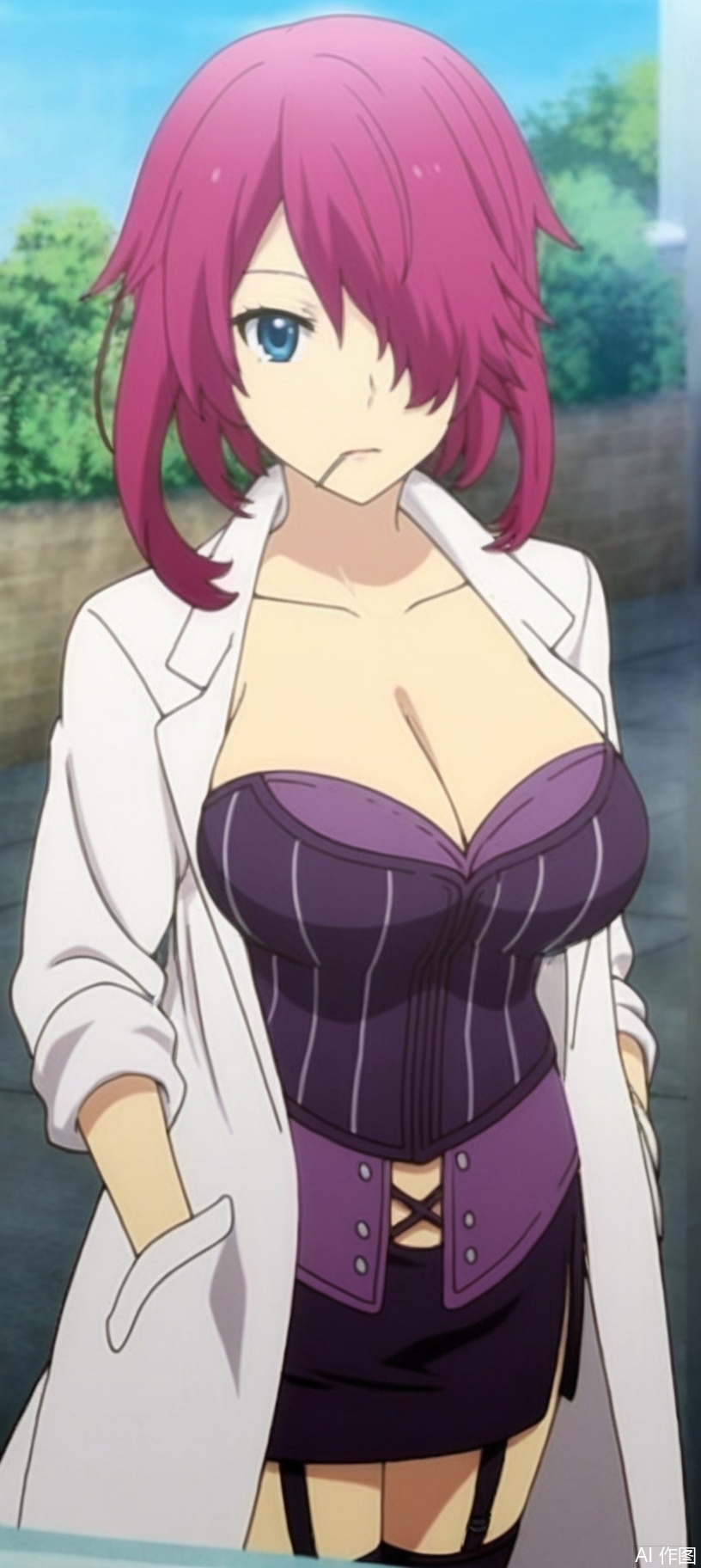 (8k),HD,(masterpiece）,Full-body shot, looking at viewer, indoors, high angle shot，medium shot，1girl, solo, breasts, looking at viewer, short hair, blue eyes, skirt, large breasts, thighhighs, cleavage, collarbone, purple hair, outdoors, day, miniskirt, hair over one eye, garter straps, mouth hold, hands in pockets, labcoat