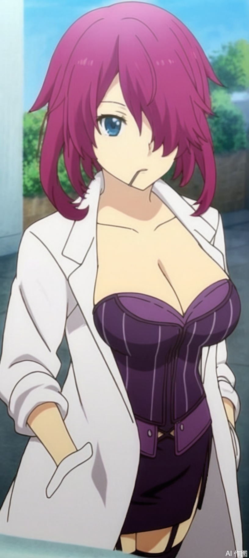 (8k),HD,(masterpiece）,Full-body shot, looking at viewer, indoors, high angle shot，medium shot，1girl, solo, breasts, looking at viewer, short hair, blue eyes, skirt, large breasts, thighhighs, cleavage, collarbone, purple hair, outdoors, day, miniskirt, hair over one eye, garter straps, mouth hold, hands in pockets, labcoat