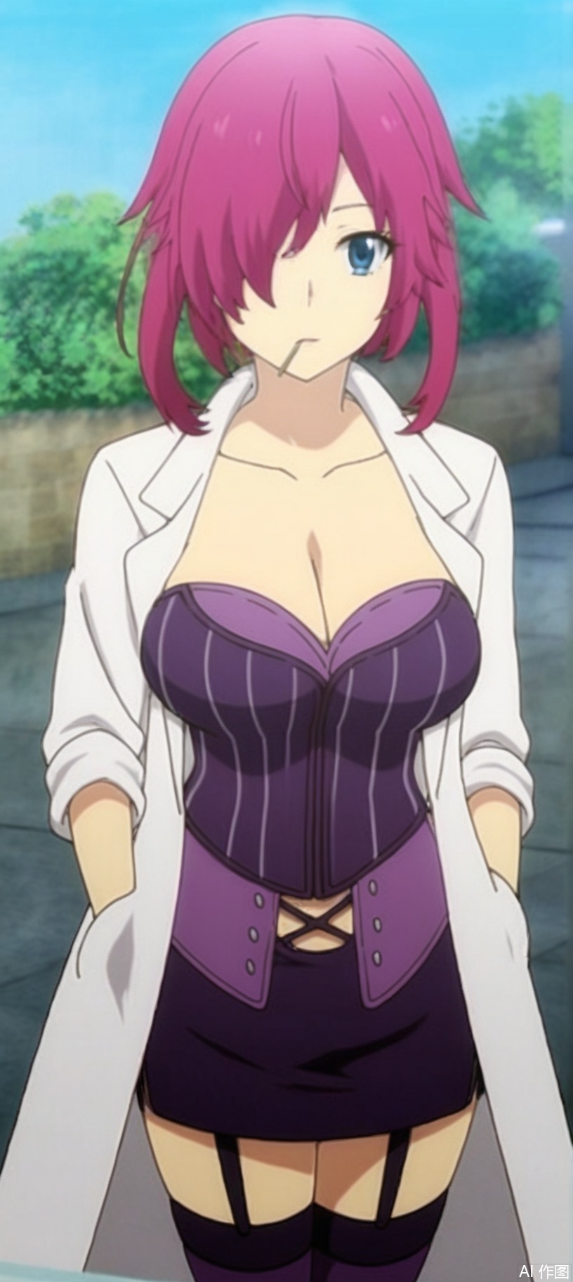 (8k),HD,(masterpiece）,Full-body shot, looking at viewer, indoors, high angle shot，medium shot，1girl, solo, breasts, looking at viewer, short hair, blue eyes, skirt, large breasts, thighhighs, cleavage, collarbone, purple hair, outdoors, day, miniskirt, hair over one eye, garter straps, mouth hold, hands in pockets, labcoat