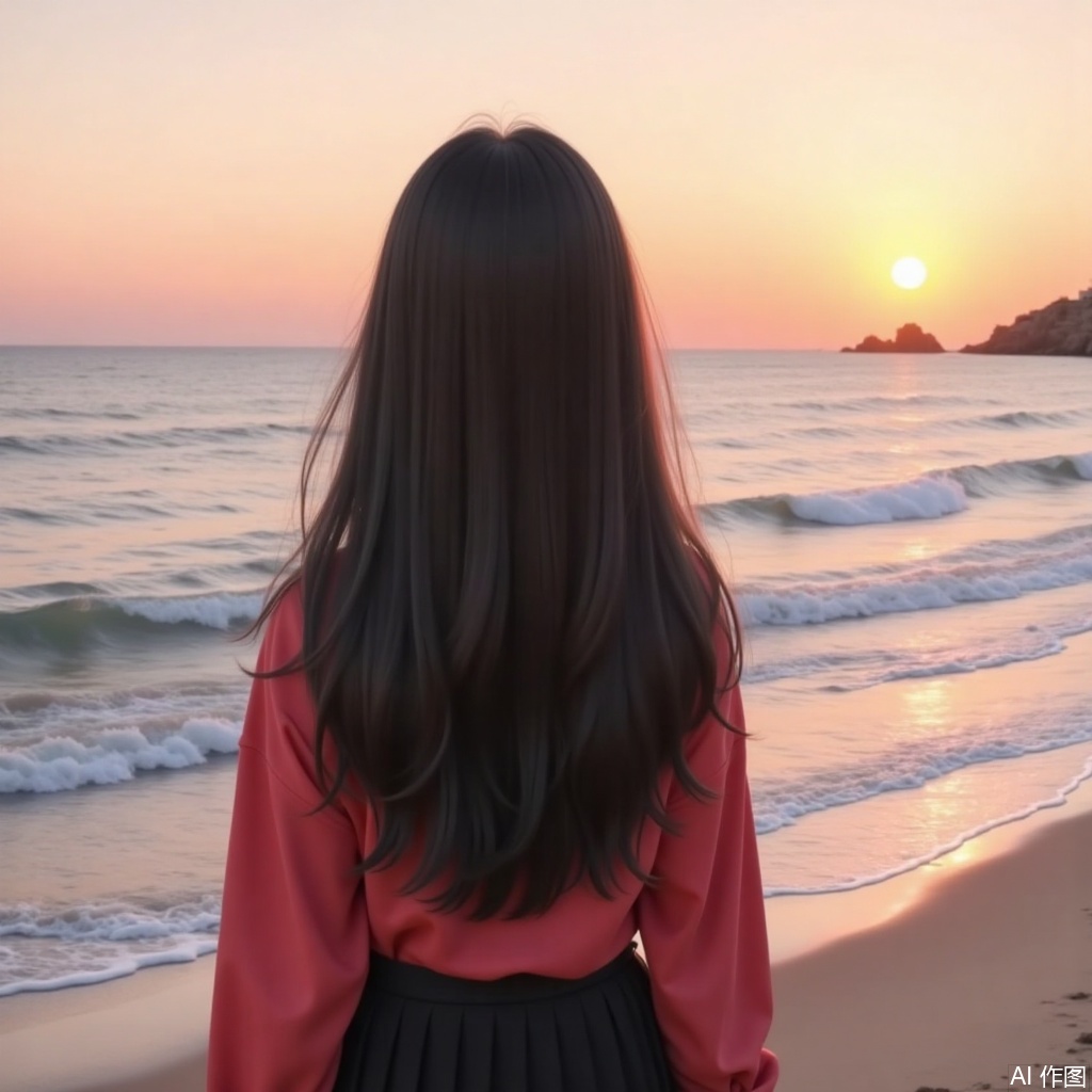 A girl, alone, with long hair, wearing rose red clothes, black dress, black hair, outdoors, by the water, looking from behind, facing the sea, beach, sunset, sunshine, back to the camera.