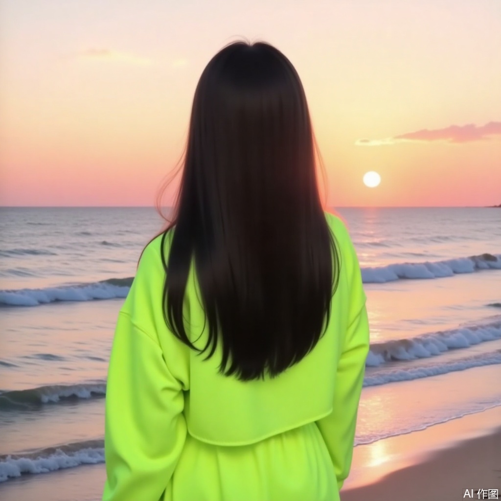 A girl, alone, with long hair, wearing fluorescent green clothes and black hair, outdoors, by the water, looking from behind, facing the sea, beach, sunset, sunshine, back to the camera.