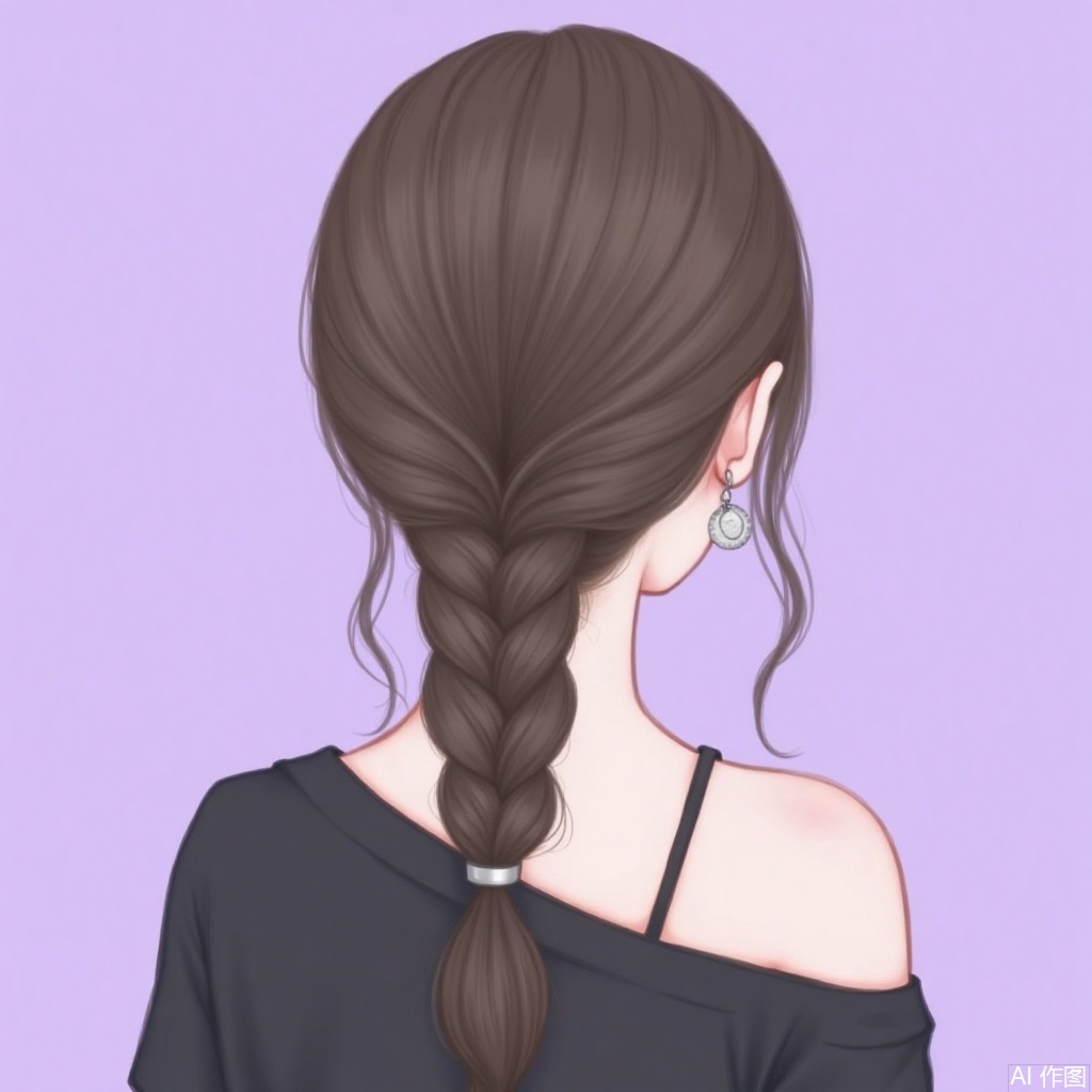 1girl, solo, long hair, simple background, brown hair, shirt, black hair, bare shoulders, jewelry, upper body, braid, earrings, from behind, black shirt, single braid, purple background, braided ponytail, off-shoulder shirt, facing away, bra strap, nape