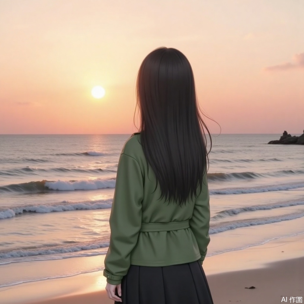 1girl, solo, long hair, skirt, black hair, long sleeves, jacket, outdoors, water, from behind, ocean, beach, sunset, green jacket, sun, facing away