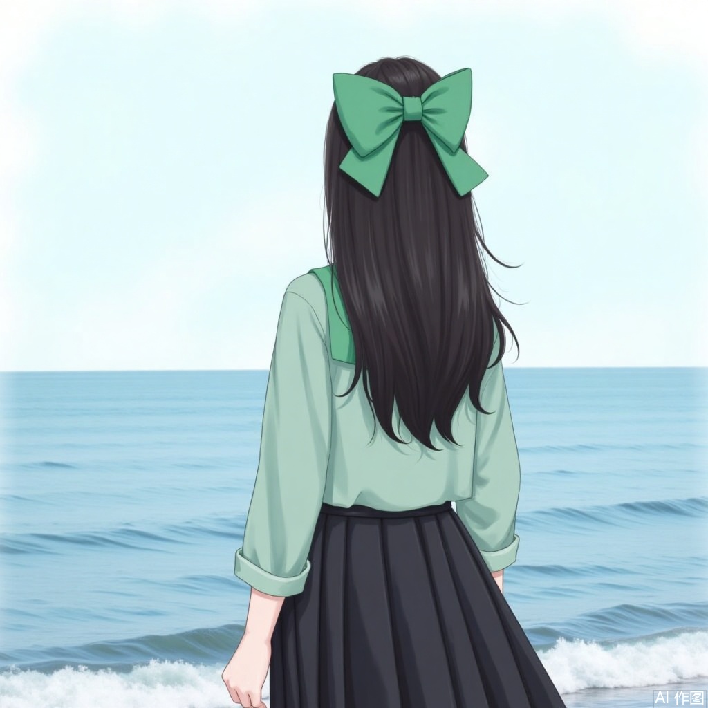 1girl, solo, long hair, skirt, shirt, black hair, long sleeves, bow, hair bow, pleated skirt, outdoors, black skirt, water, from behind, ocean, green bow, horizon, facing away