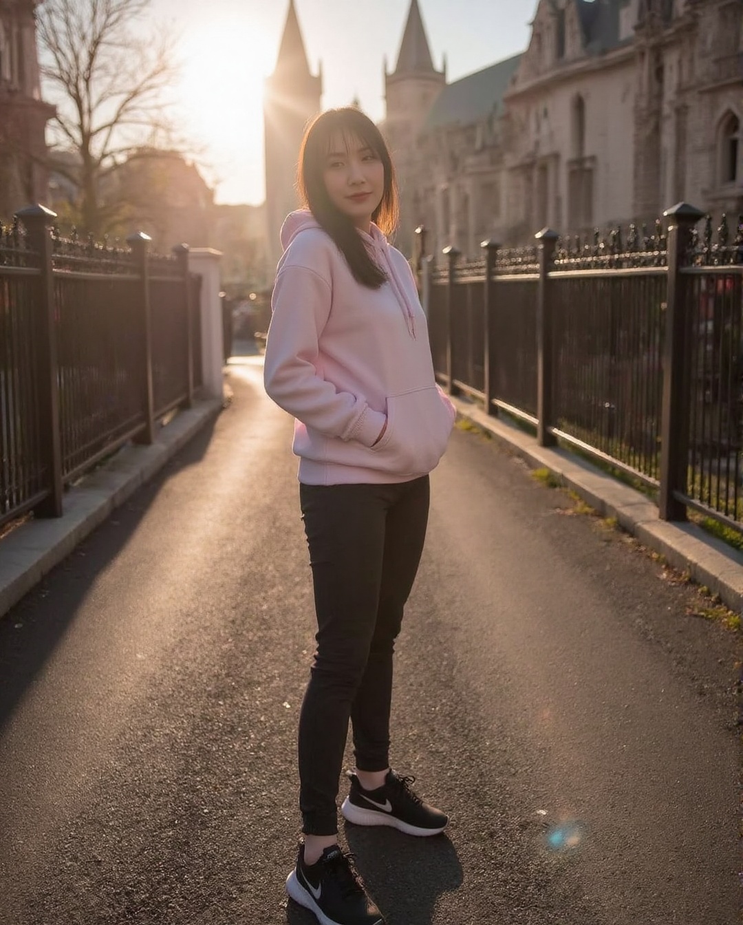 Create a realistic photoshoot for a woman in a light pink hoodie,  tight black gym pants,  and black and white running sho...