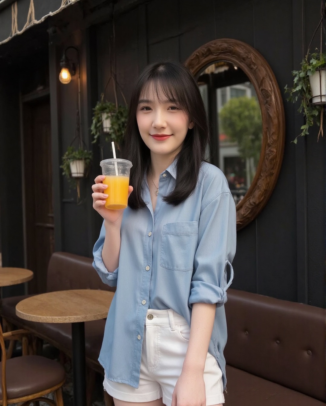 Create a realistic photoshoot for an outdoor restaurant scene using a Canon EOS 1D camera and a 50mm Canon RF lens at f/1....