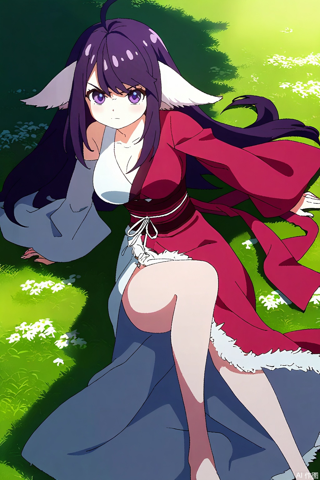 1girl, solo, long hair, breasts, large breasts, animal ears, purple eyes, purple hair, japanese clothes, kimono, sash, Fox ears,masterpiece,best quality,official art,extremely detailed CG unity 8k wallpaper,,Thigh exposed,thighhighs,looking at viewer,in a meadow,