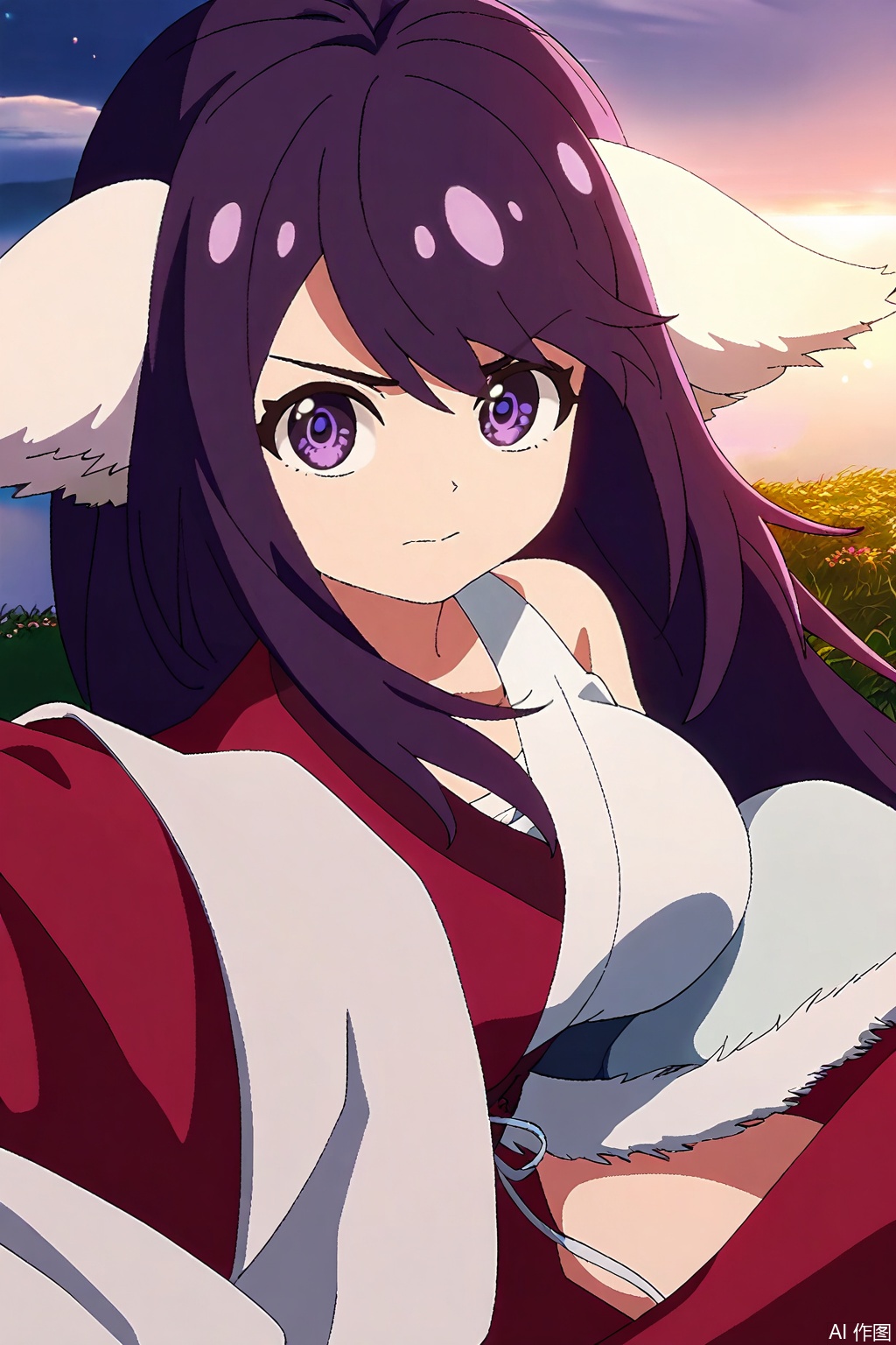 1girl, solo, long hair, breasts, large breasts, animal ears, purple eyes, purple hair, japanese clothes, kimono, sash, Fox ears,masterpiece,best quality,official art,extremely detailed CG unity 8k wallpaper,,Thigh exposed,thighhighs,looking at viewer,in a meadow,