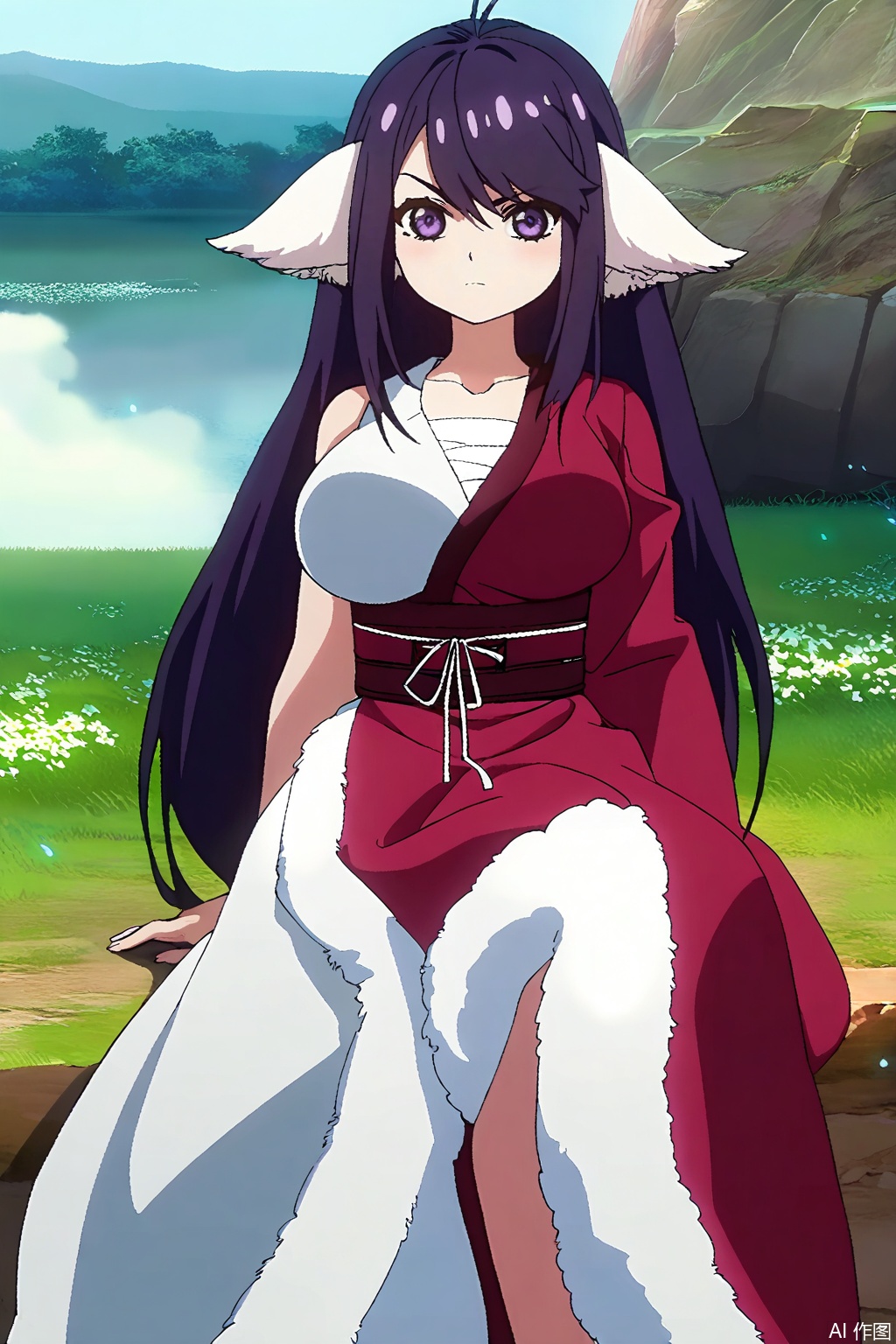 1girl, solo, long hair, breasts, large breasts, animal ears, purple eyes, purple hair, japanese clothes, kimono, sash, Fox ears,masterpiece,best quality,official art,extremely detailed CG unity 8k wallpaper,,Thigh exposed,thighhighs,looking at viewer,in a meadow,