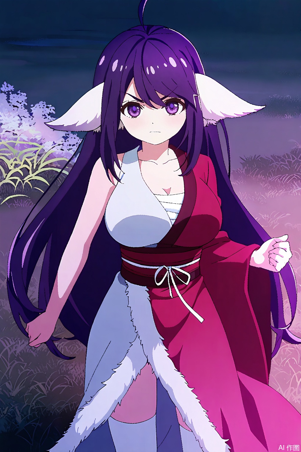 1girl, solo, long hair, breasts, large breasts, animal ears, purple eyes, purple hair, japanese clothes, kimono, sash, Fox ears,masterpiece,best quality,official art,extremely detailed CG unity 8k wallpaper,,Thigh exposed,thighhighs,looking at viewer,in a meadow,