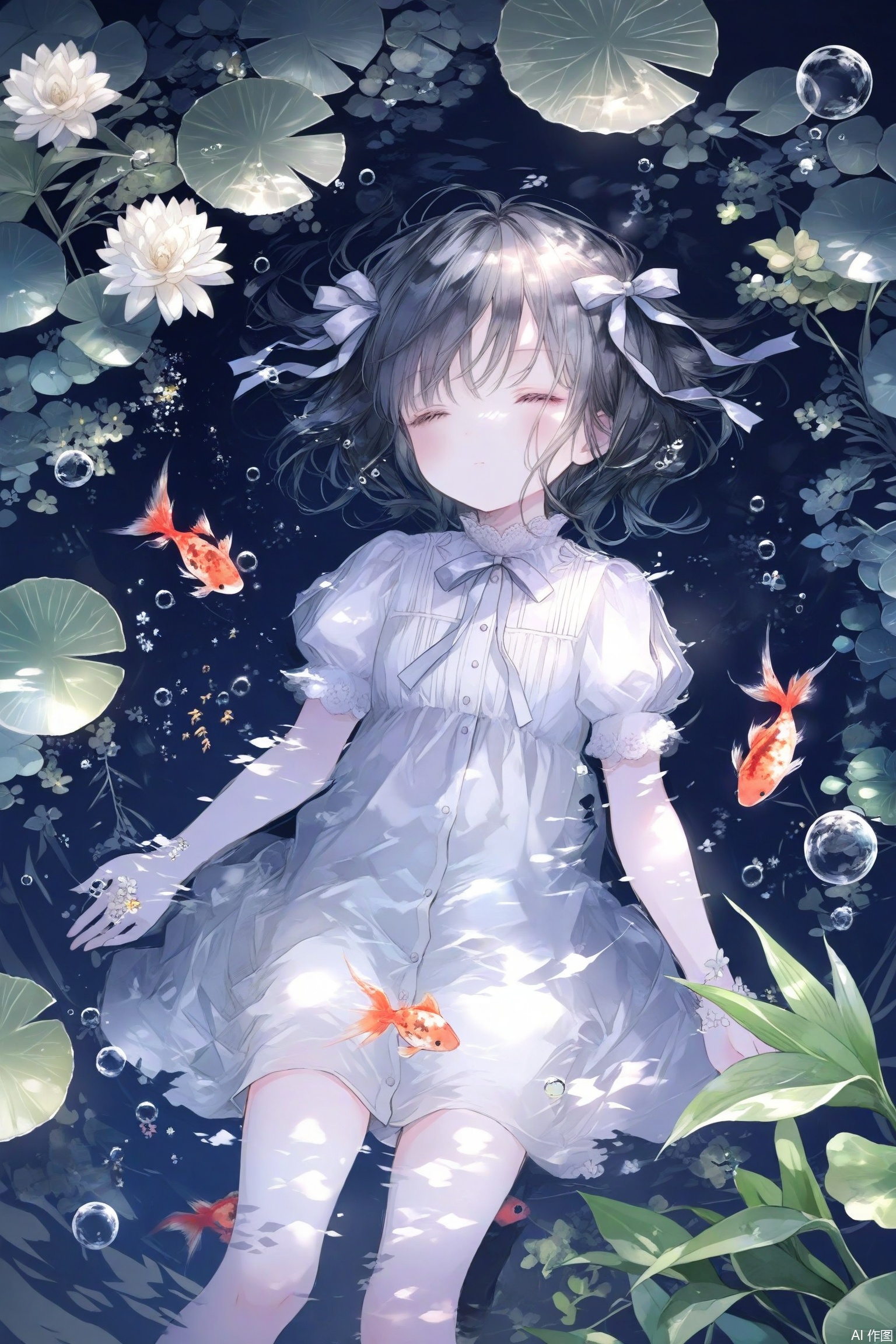 loli, 1girl, lily pad, koi, dress, fish, solo, flower, closed eyes, water, hair bow, white dress, bow, black hair, pond, partially submerged, bubble, afloat, goldfish, white bow, ribbon, white flower, short hair, short sleeves, hair ribbon, puffy sleeves, underwater, air bubble, feet out of frame, ripples, medium hair, animal, sleeping, plant, closed mouth, sitting, outdoors