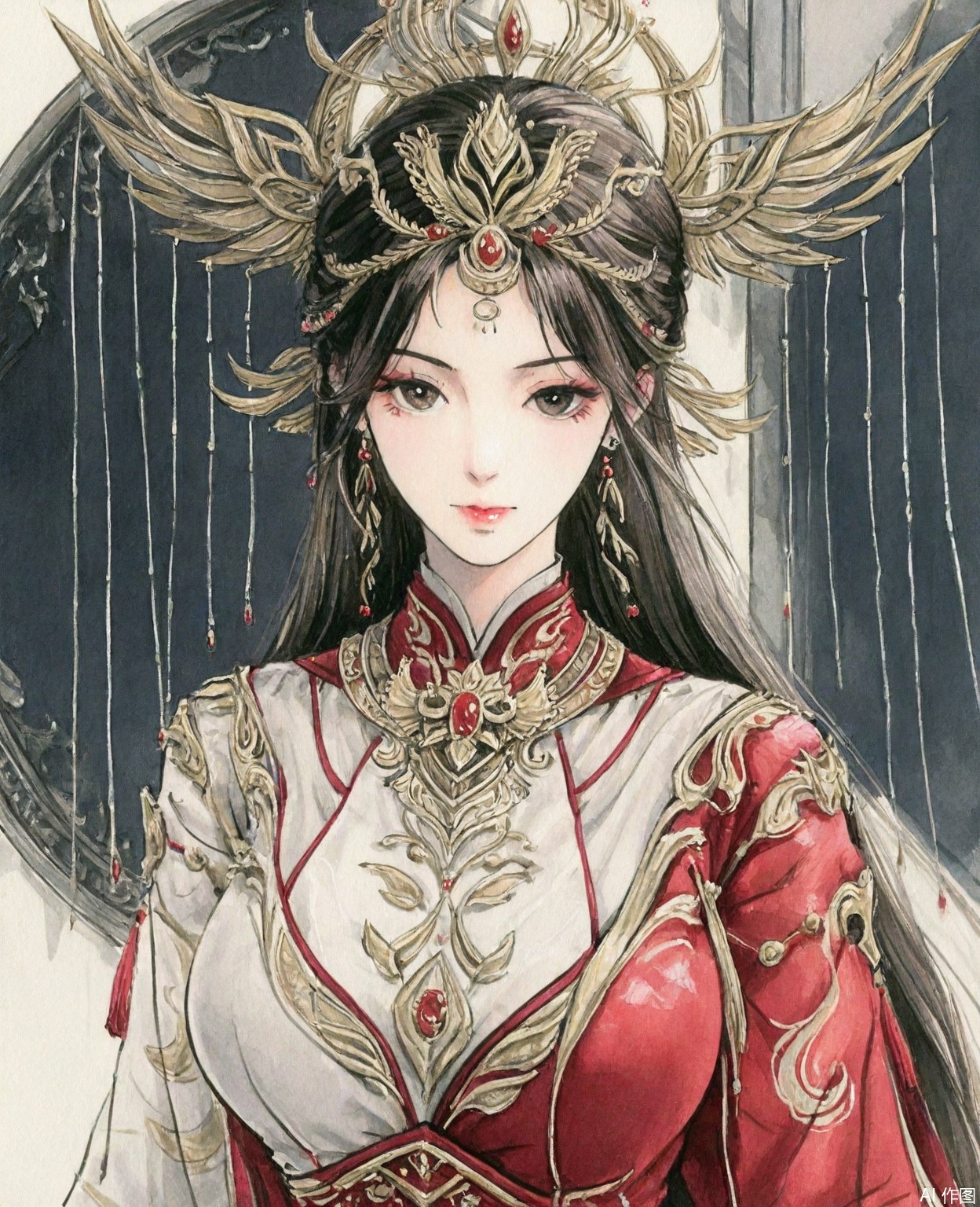 ((very awa)),solo,highly detailed,(best quality),((masterpiece)),1girl,chi,,ge,,traditional media,painting \(medium\),watercolor \(medium\),large breasts,,huolinger,long hair,hair ornament,jewelry,earrings,upper_body,looking_at_viewer,
