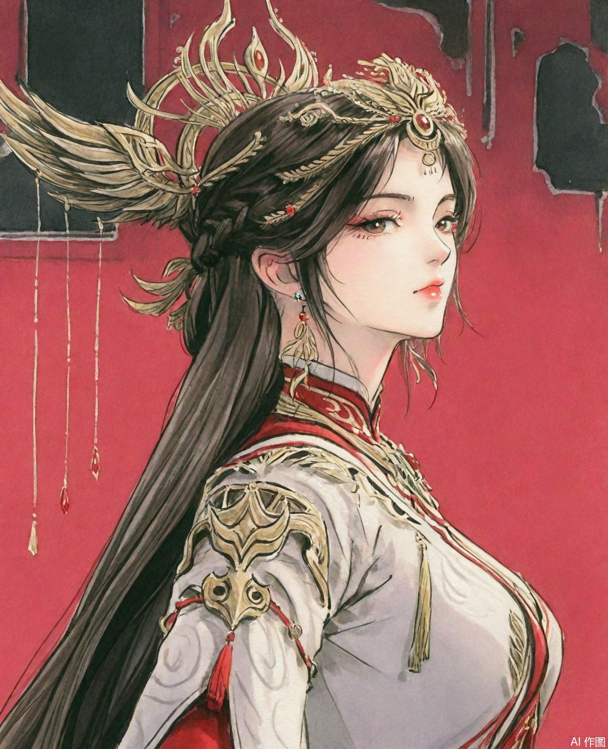 ((very awa)),solo,highly detailed,(best quality),((masterpiece)),1girl,chi,,ge,,traditional media,painting \(medium\),watercolor \(medium\),large breasts,,huolinger,long hair,hair ornament,jewelry,earrings,upper_body,looking_at_viewer,