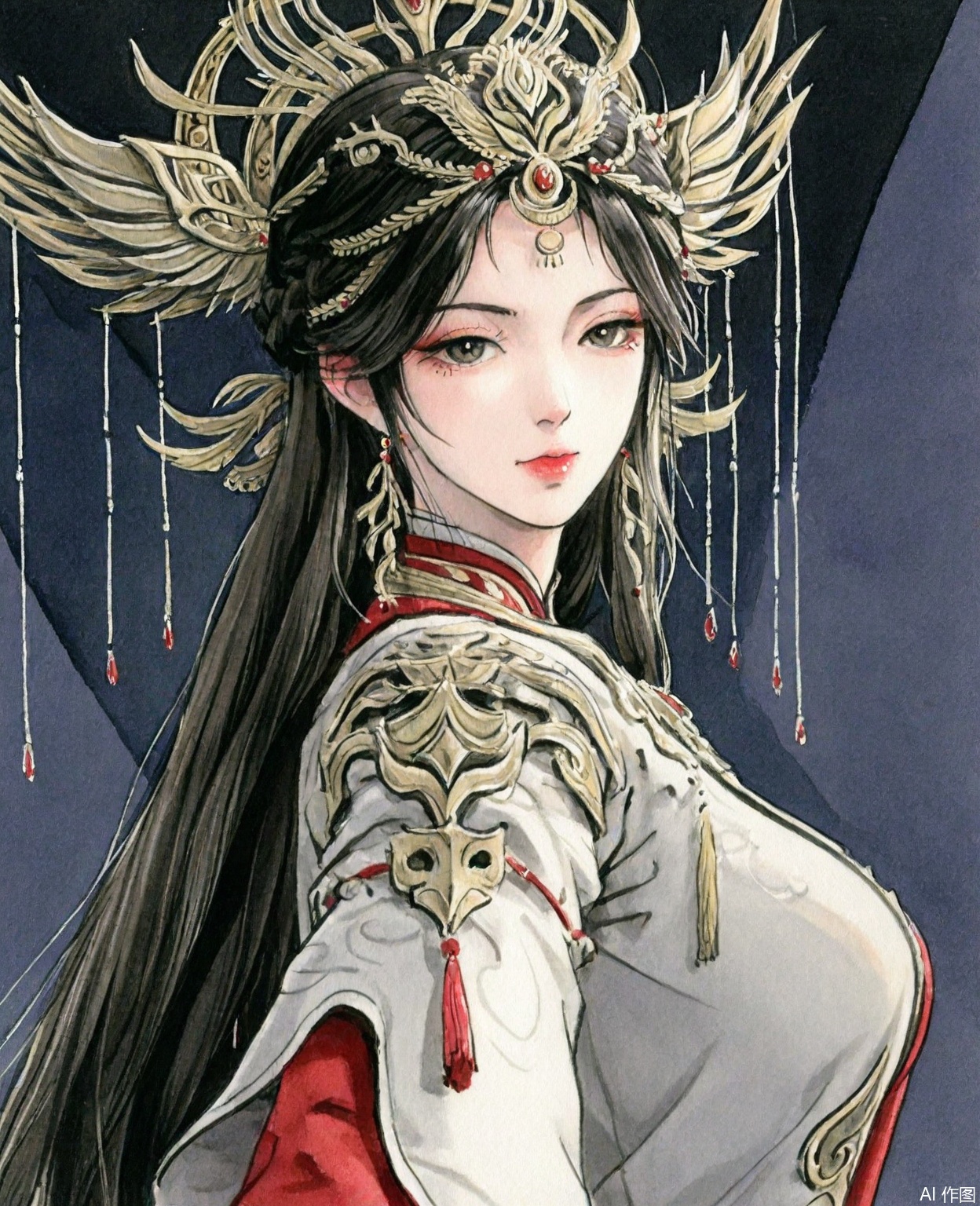 ((very awa)),solo,highly detailed,(best quality),((masterpiece)),1girl,chi,,ge,,traditional media,painting \(medium\),watercolor \(medium\),large breasts,,huolinger,long hair,hair ornament,jewelry,earrings,upper_body,looking_at_viewer,