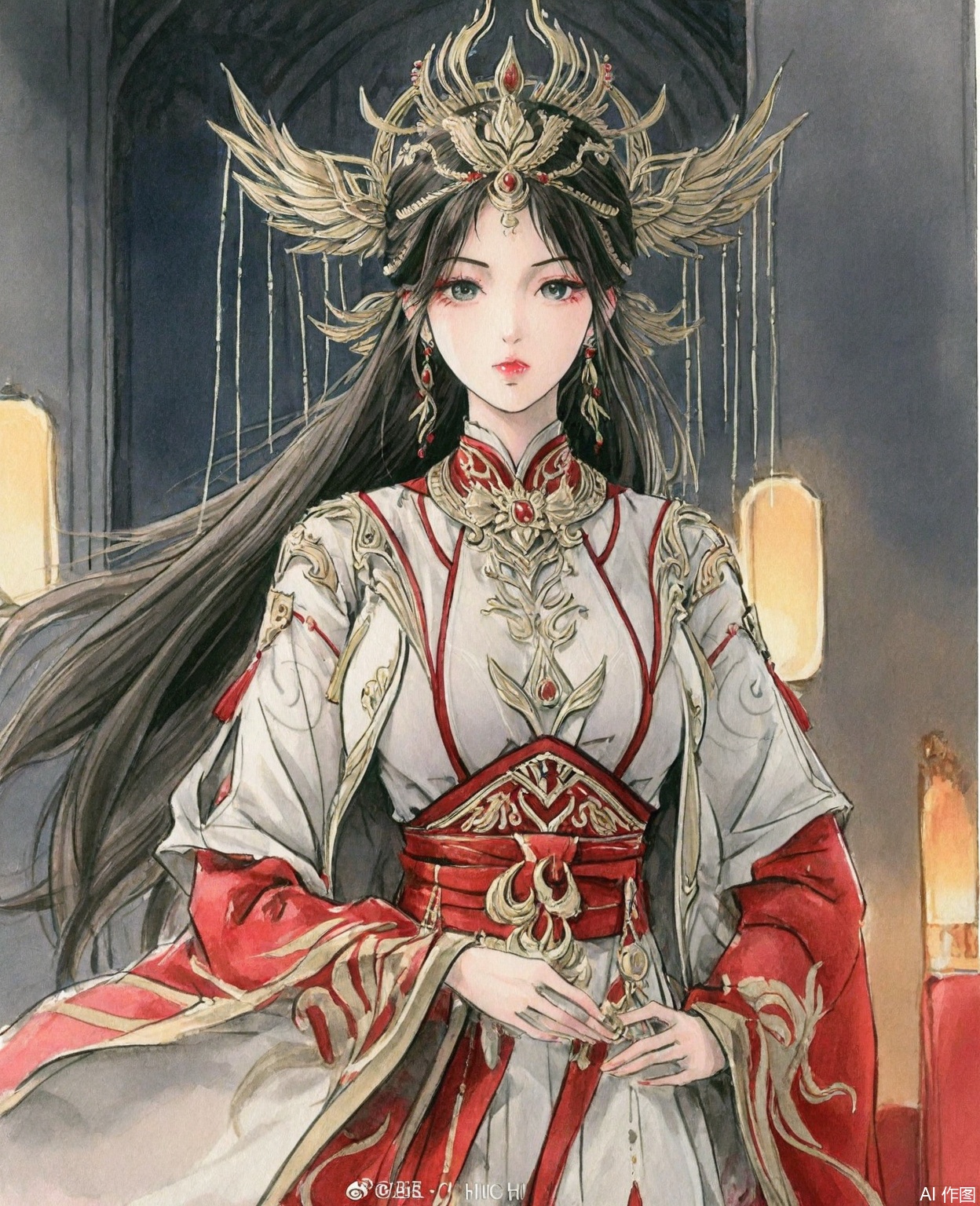 ((very awa)),solo,highly detailed,(best quality),((masterpiece)),1girl,chi,,ge,,traditional media,painting \(medium\),watercolor \(medium\),large breasts,,huolinger,long hair,hair ornament,jewelry,earrings,upper_body,looking_at_viewer,