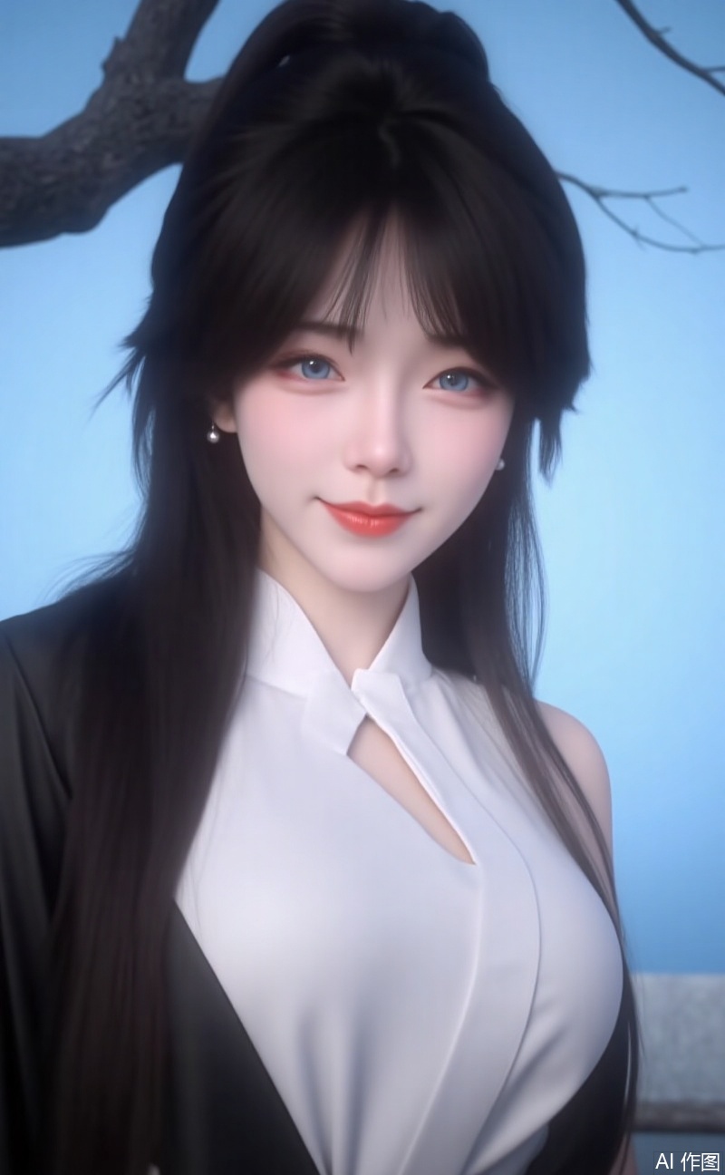 A close-up shot of a young Asian woman with long dark hair wearing a white shirt and a black kimono.She has charming breasts and shoulders. Her hair is pulled back in a ponytail adding a touch of color to her face. Her eyes are a piercing blue and her lips are a vibrant red. She is positioned in front of a backdrop of a tree branch with a light blue sky creating a stark contrast to her dark hair. The woman's hair is cascading over her shoulders adding depth to the composition. The background is blurred making the woman's attention to the image.
