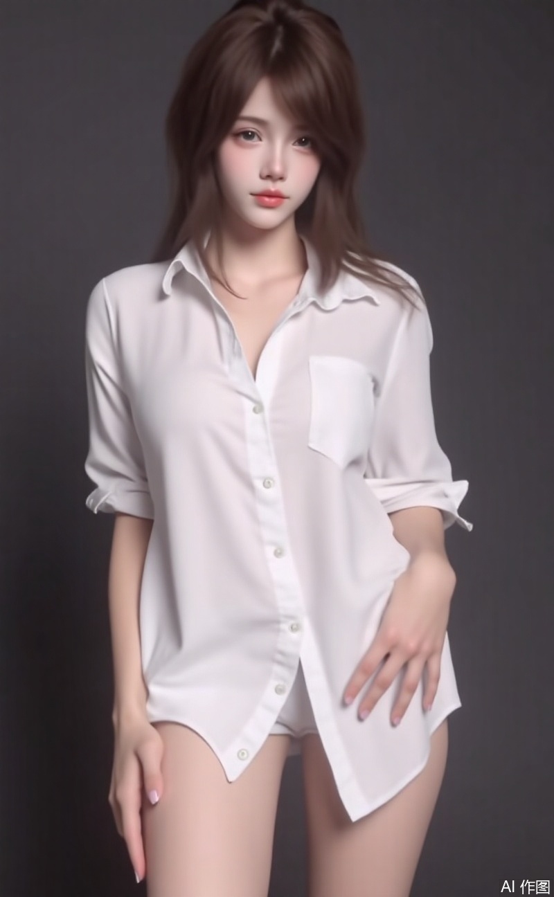 1girl is wearing a white boyfriend shirt,  Shoulders and legs exposed on Tensor.Art