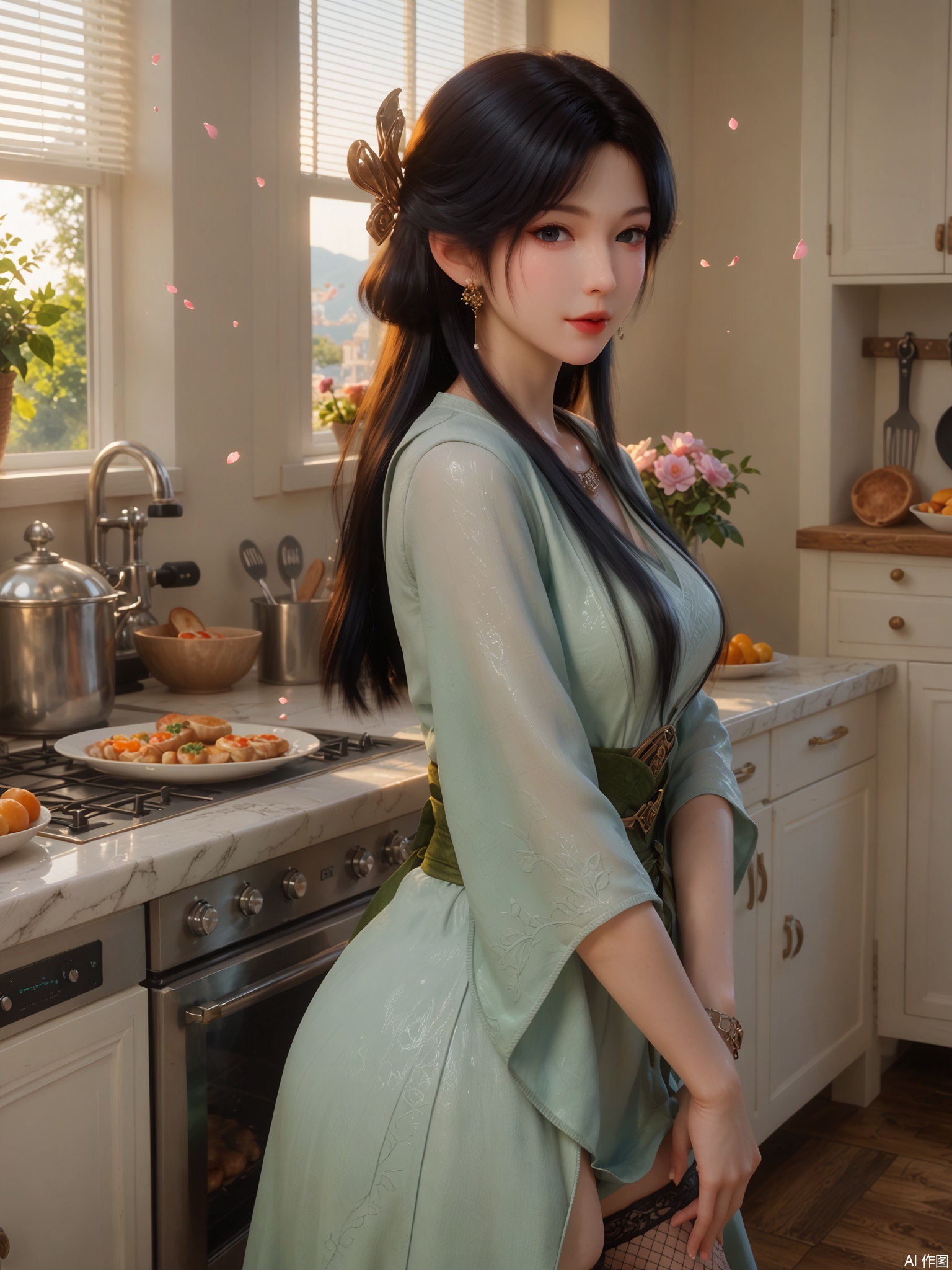 score_9,score_8_up,score_7_up,1girl,looking_at_viewer,realistic,1girl,Vivid Colors,bright environment,sunshine,god light,delicate water,hair_ornament,shiny skin,shiny hair,reflection,(wariza:1.2),dress,jewelry,flower sea,falling petals,extreme detail description,bright sunlight,frontal lighting,(upper body:1),put one hand on your side,kitchen,kitchen,long_hair,(skindentation:1.3),Fishnet stockings,black hair
