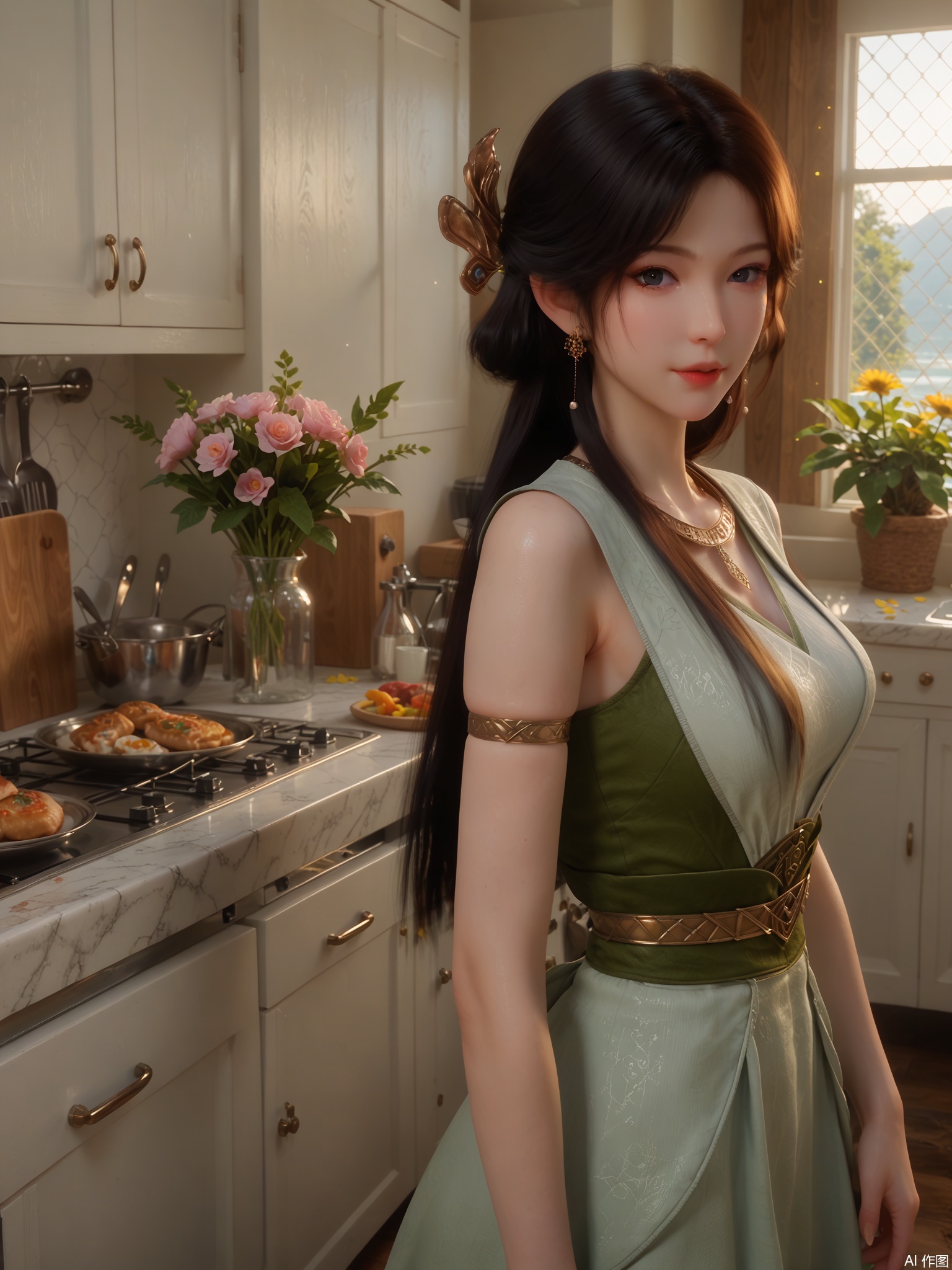 score_9,score_8_up,score_7_up,1girl,looking_at_viewer,realistic,1girl,Vivid Colors,bright environment,sunshine,god light,delicate water,hair_ornament,shiny skin,shiny hair,reflection,(wariza:1.2),dress,jewelry,flower sea,falling petals,extreme detail description,bright sunlight,frontal lighting,(upper body:1),put one hand on your side,kitchen,kitchen,long_hair,(skindentation:1.3),Fishnet stockings,