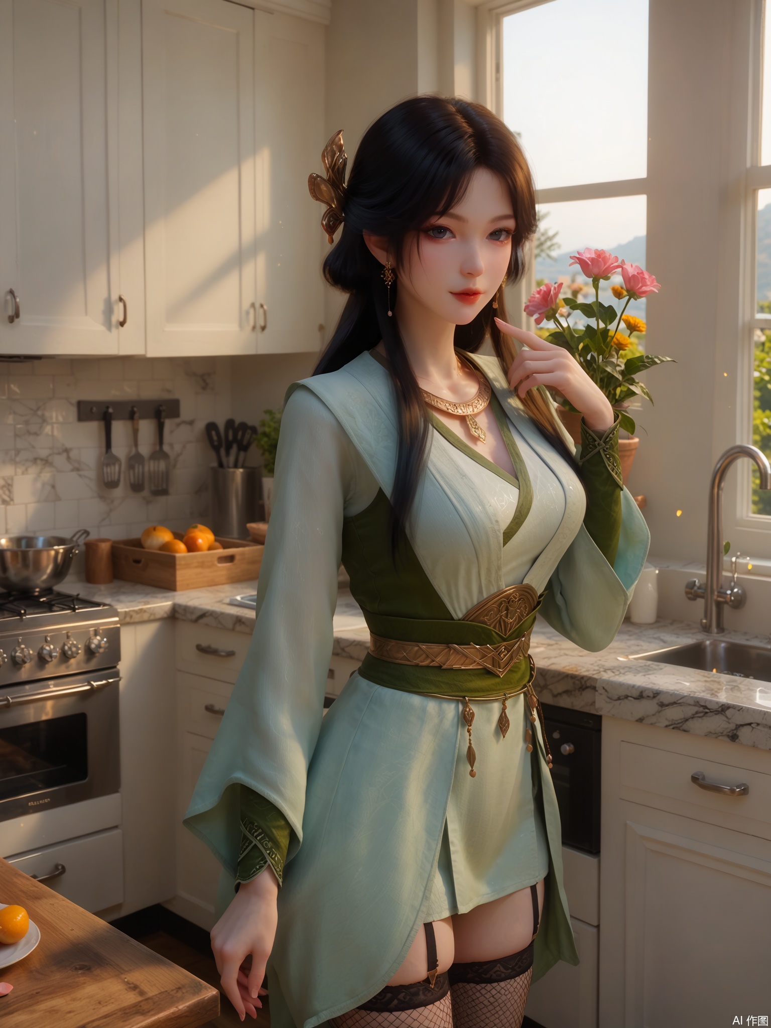 score_9,score_8_up,score_7_up,1girl,looking_at_viewer,realistic,1girl,Vivid Colors,bright environment,sunshine,god light,delicate water,hair_ornament,shiny skin,shiny hair,reflection,(wariza:1.2),dress,jewelry,flower sea,falling petals,extreme detail description,bright sunlight,frontal lighting,(upper body:1),put one hand on your side,kitchen,kitchen,long_hair,(skindentation:1.3),Fishnet stockings,black hair